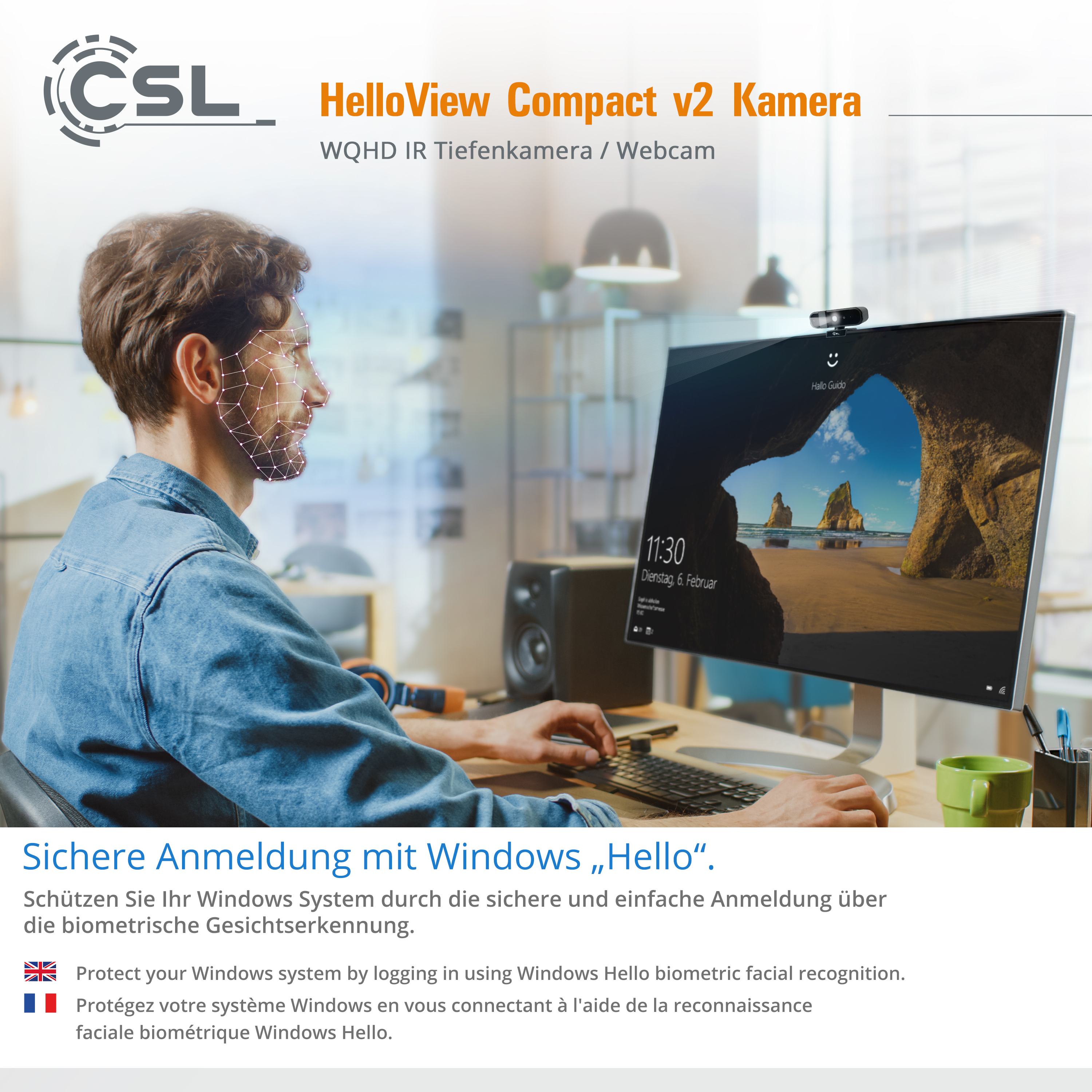 Mann nutzt Gesichtserkennung auf Computer mit CSL HelloView Kamera.