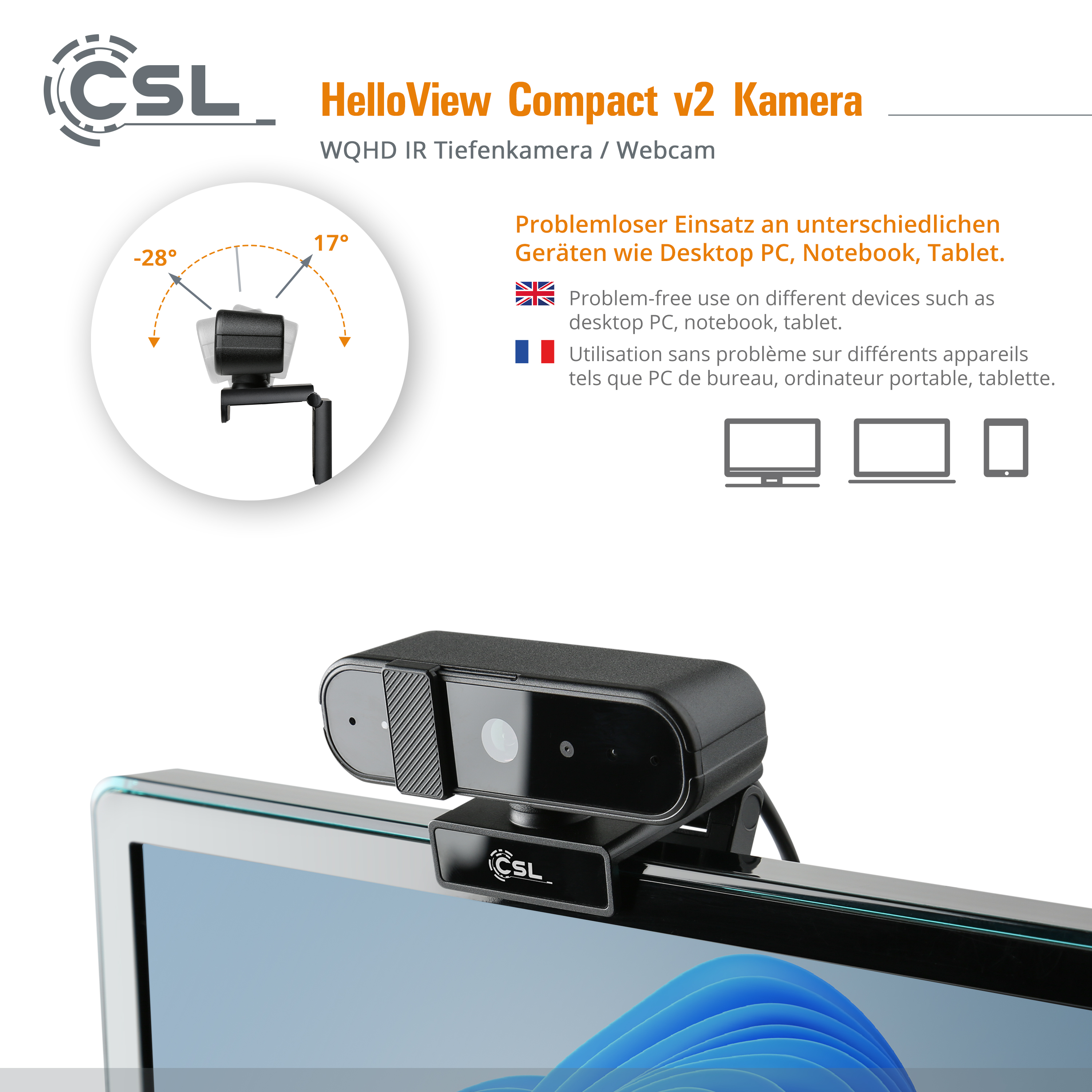 CSL HelloView Webcam auf einem Laptop-Bildschirm, zeigt den verstellbaren Winkel und Gerätekompatibilität.