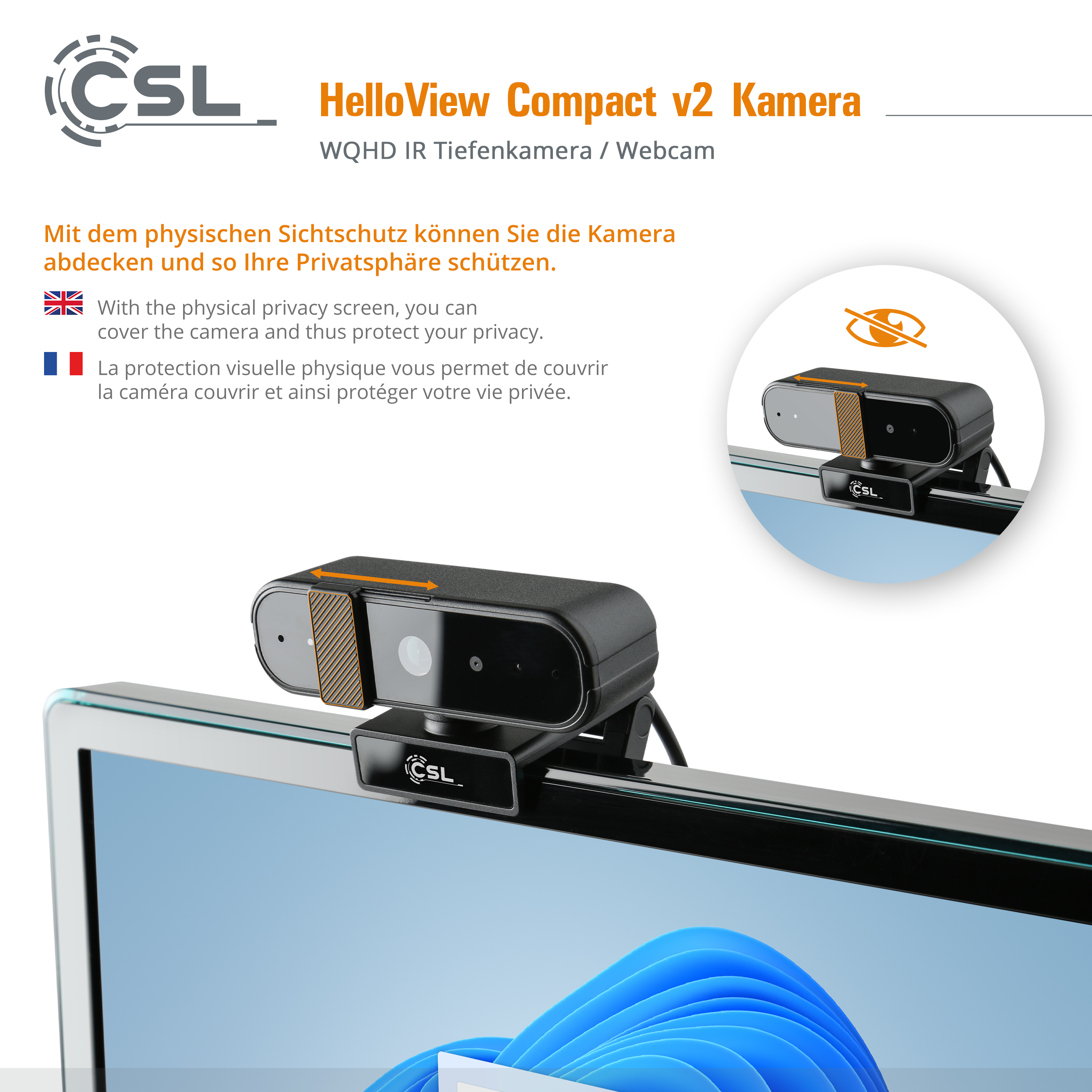 CSL HelloView Webcam mit Sichtschutz auf einem Laptop.