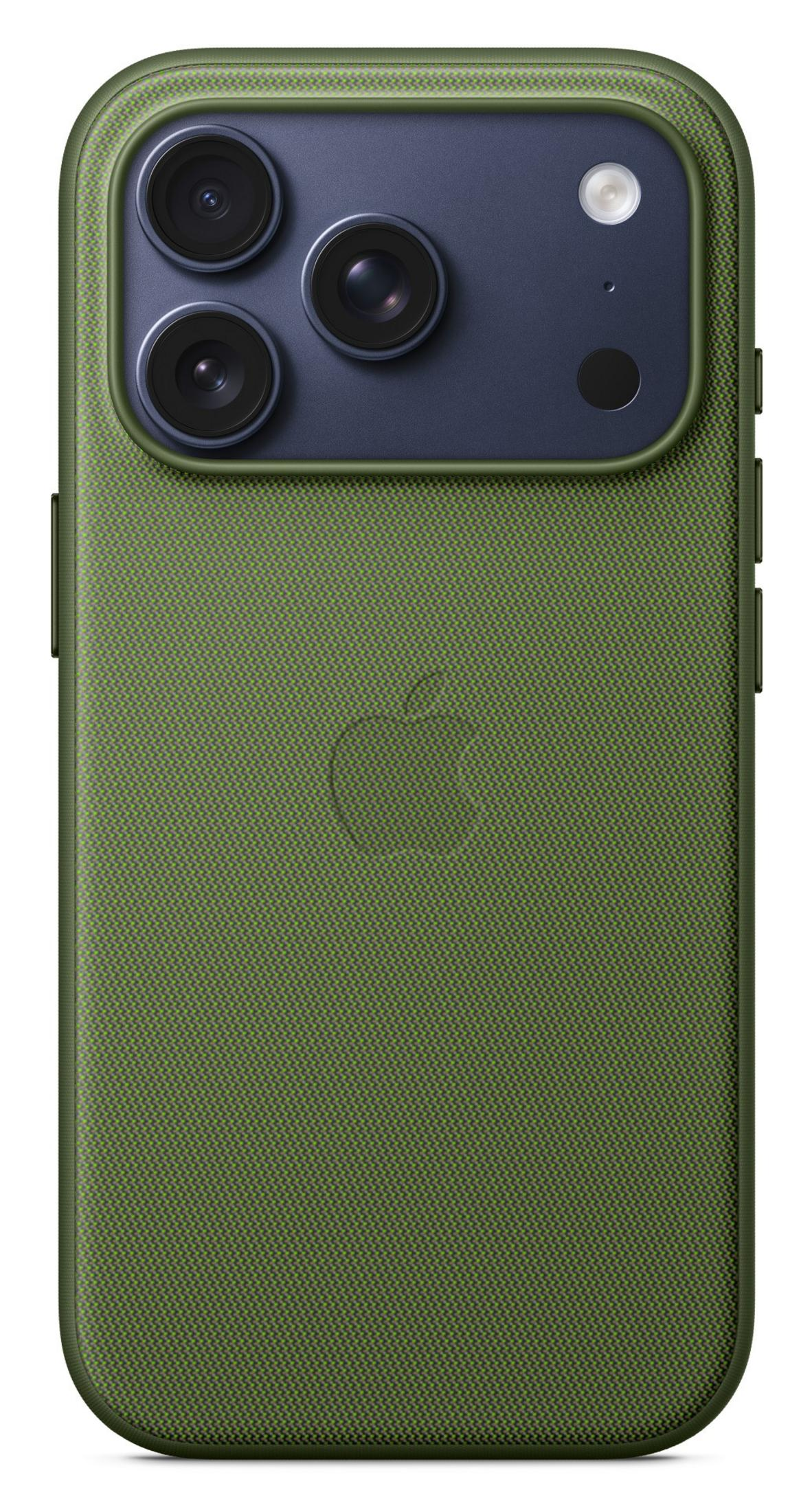 Custodia verde per iPhone con modulo tripla fotocamera e logo Apple.