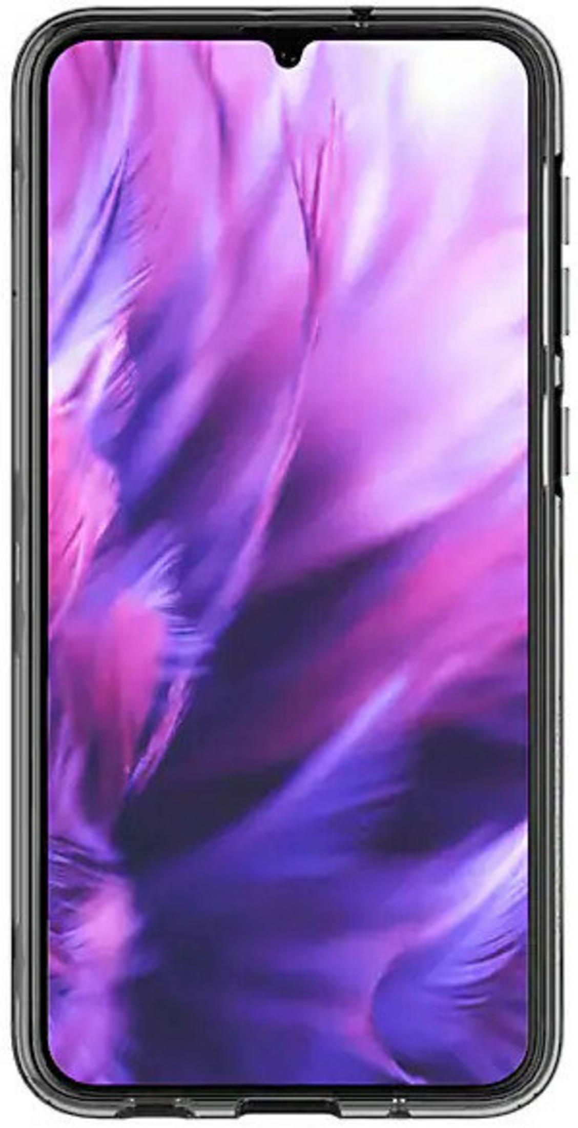 Uno smartphone con uno sfondo di piume viola e rosa.