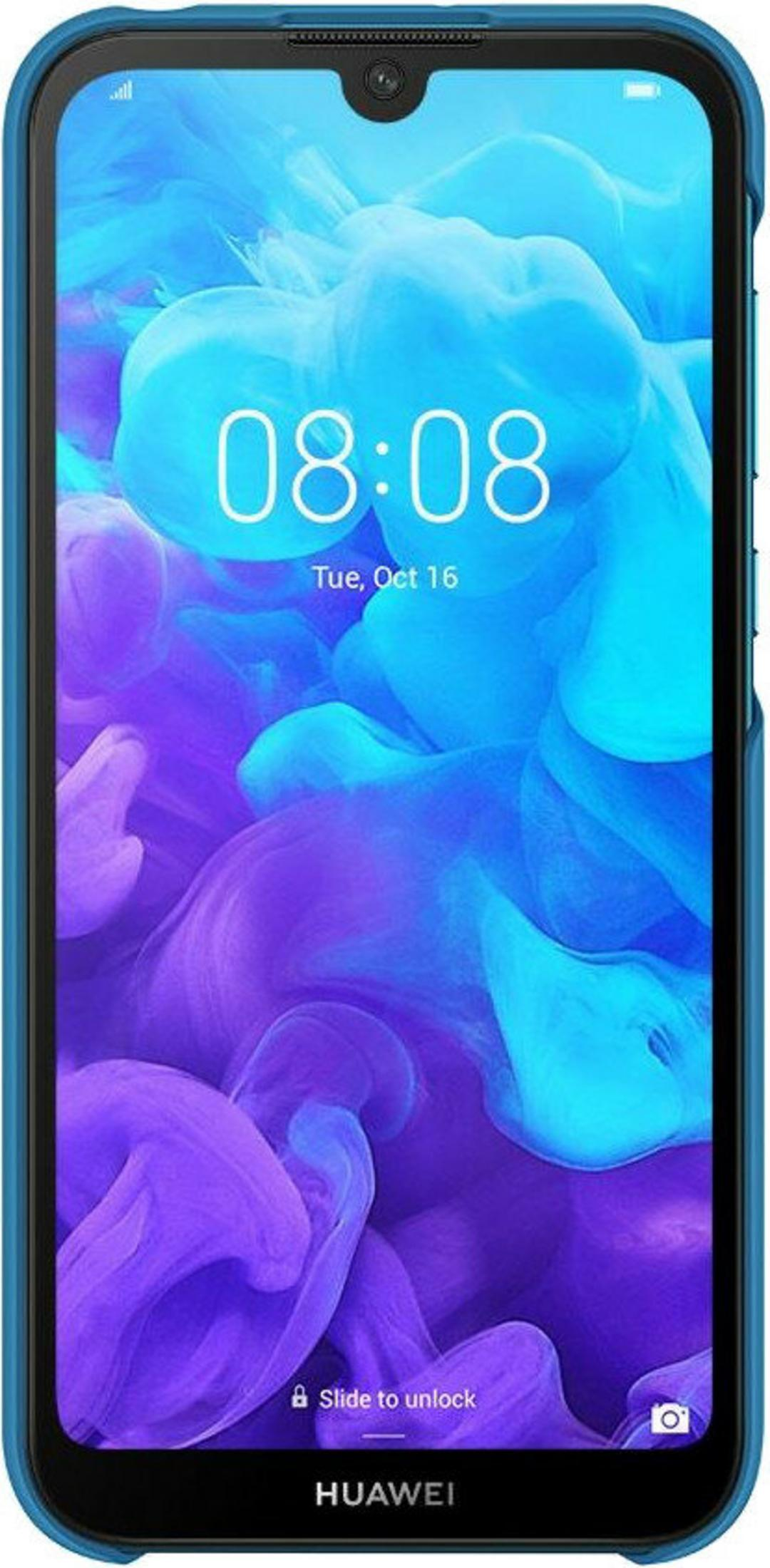 Smartfon z niebieskim etui, wyświetla 08:08, wt 16 paź i logo Huawei.