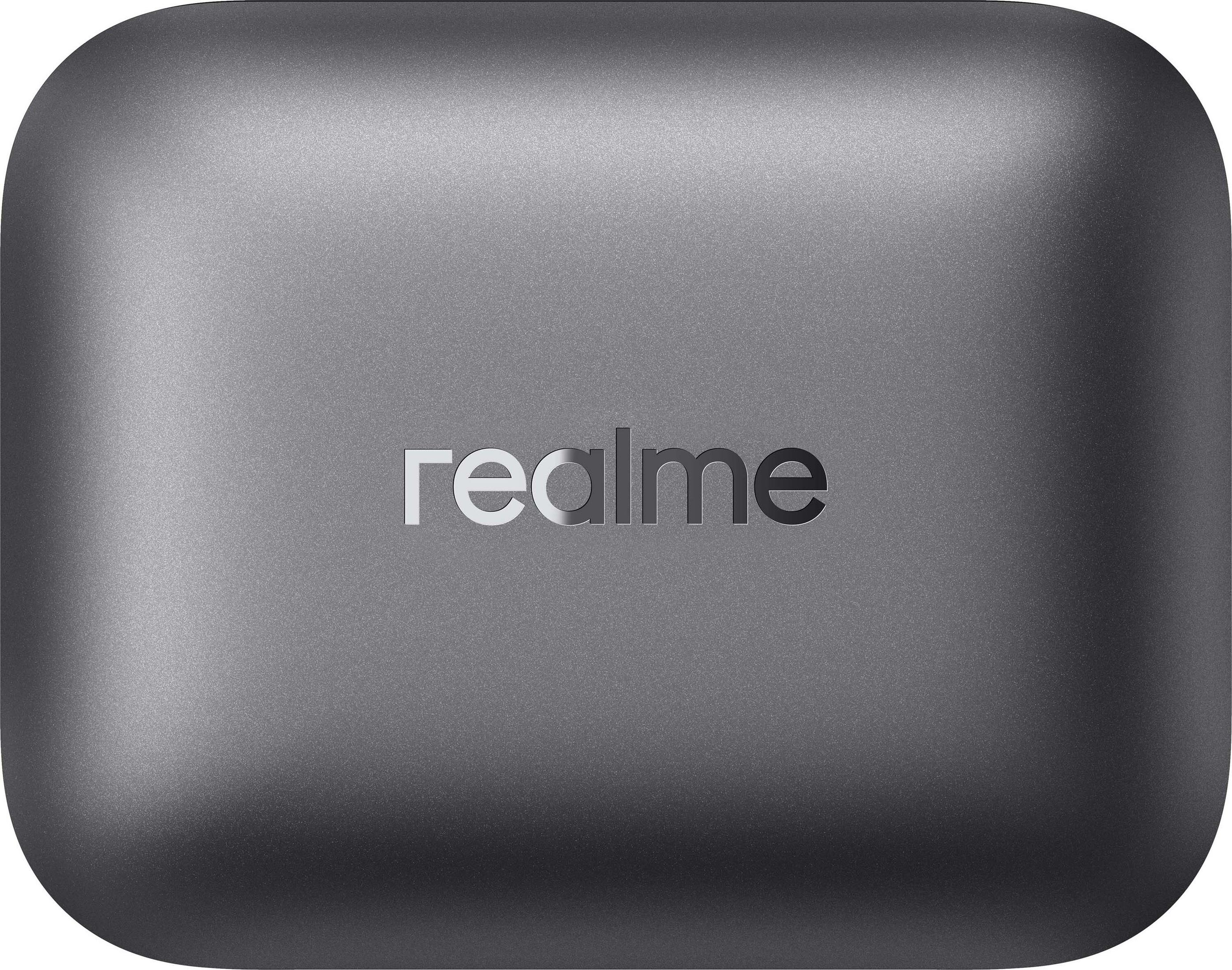 Una funda de carga Realme gris con el logo en el centro.