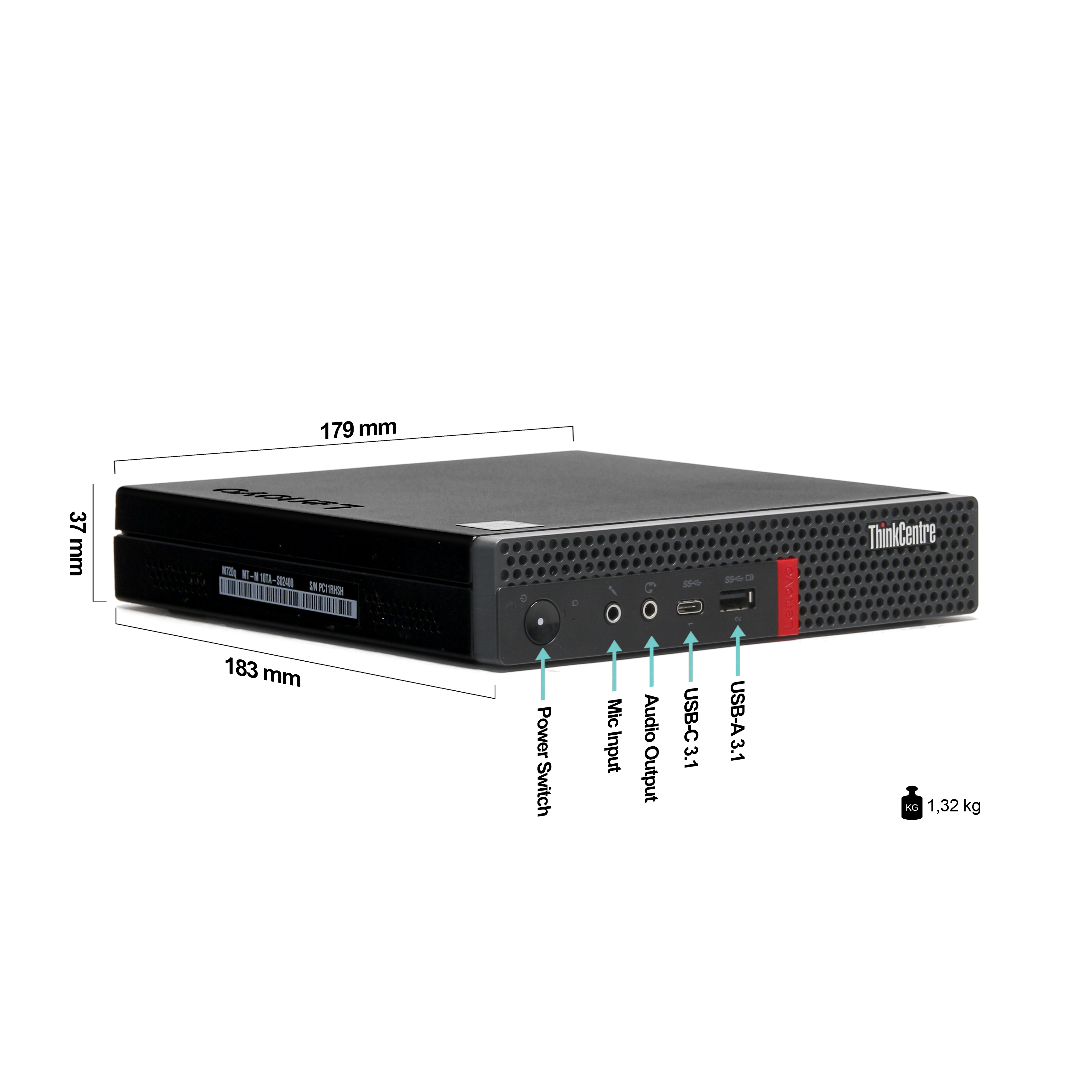 PC Lenovo ThinkCentre compacto con puertos y dimensiones: 179x183x37mm, 1,32kg.