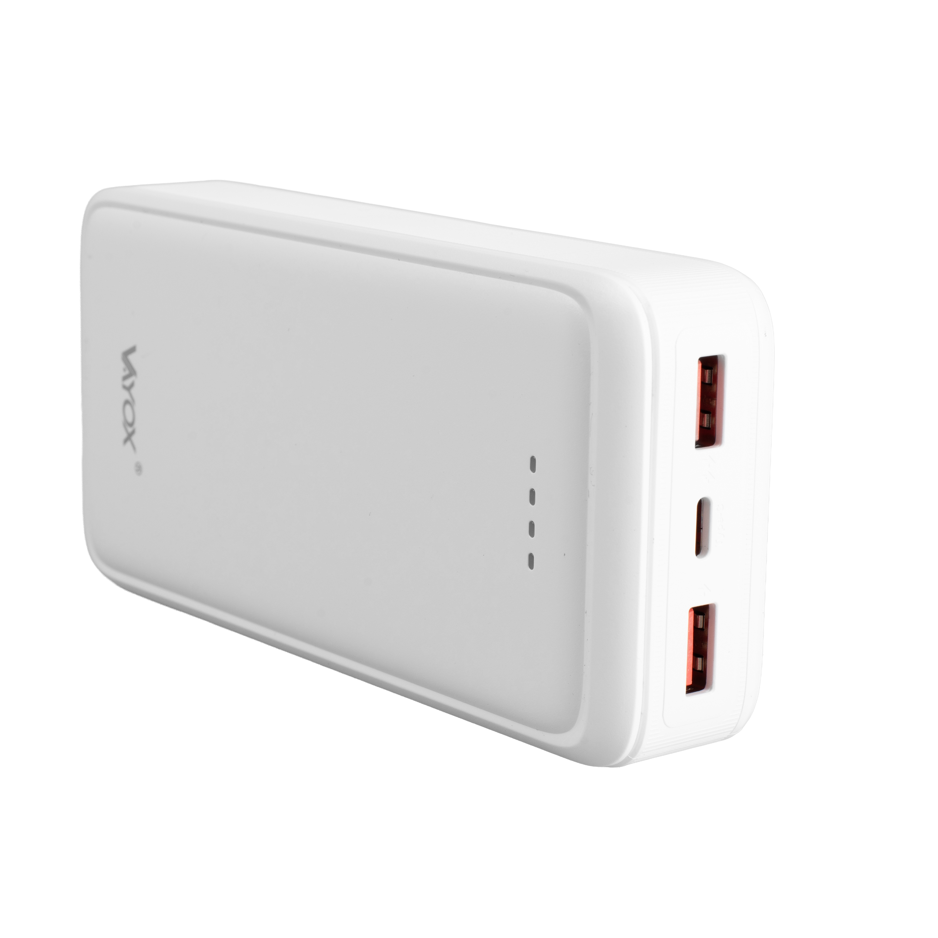 Biały power bank z dwoma portami USB-A i jednym portem USB-C jest pokazany.