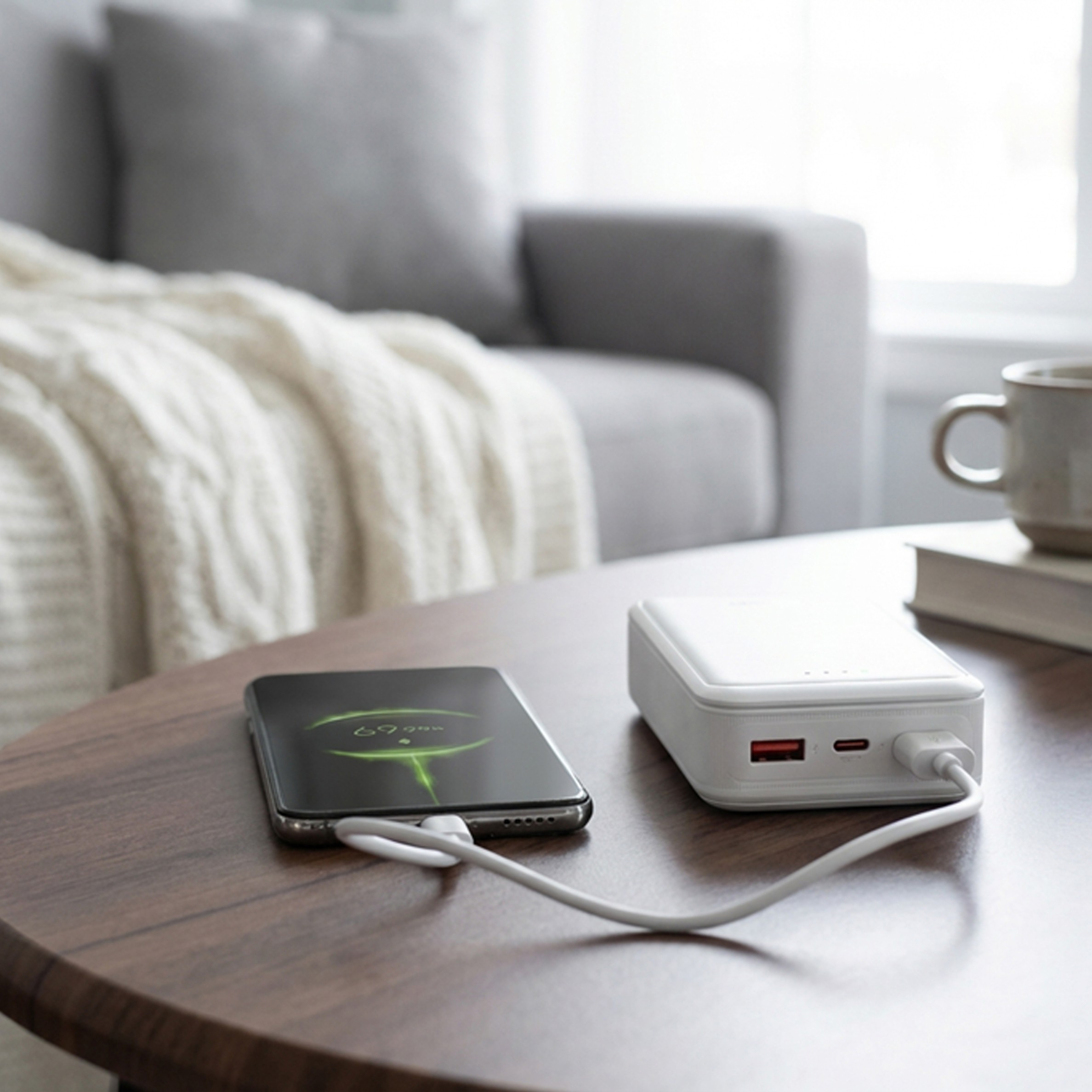 Biały kabel ładujący łączy smartfon z powerbankiem na drewnianym stole.