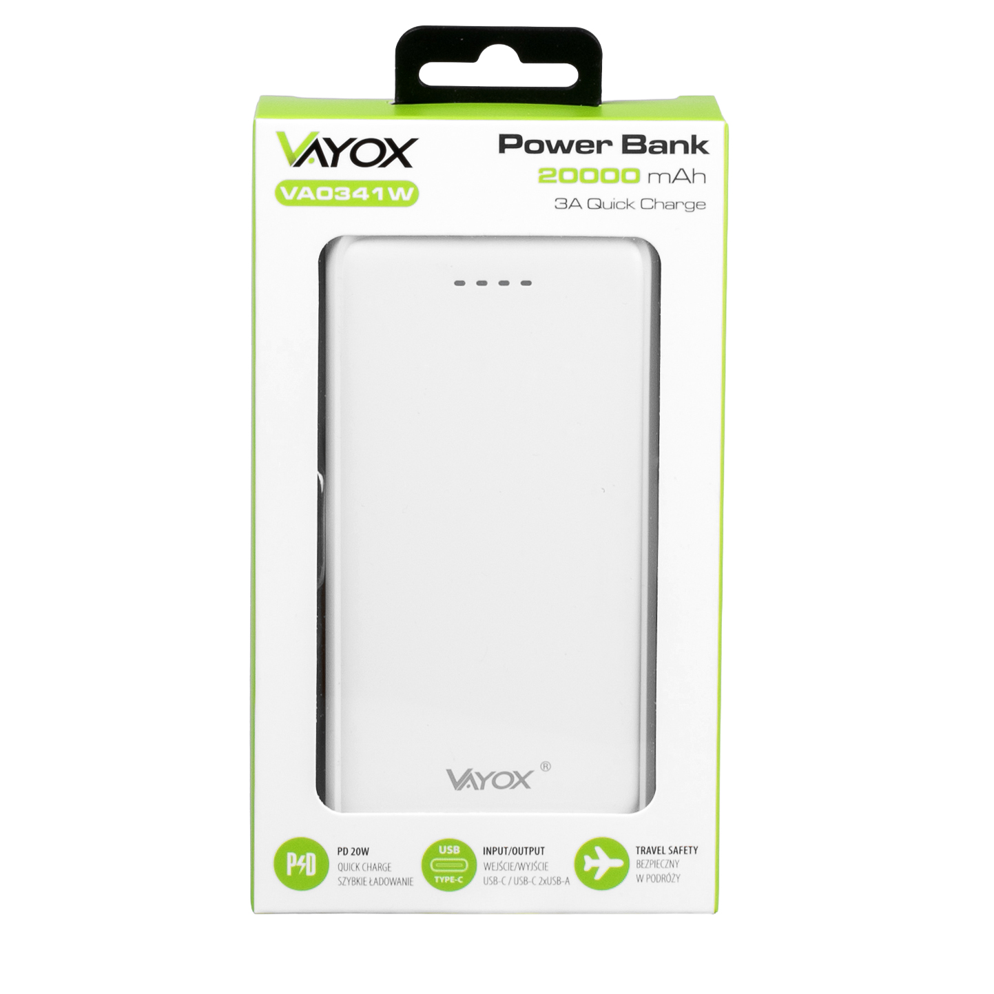 Biały power bank 20000 mAh z logo Vayox na opakowaniu.