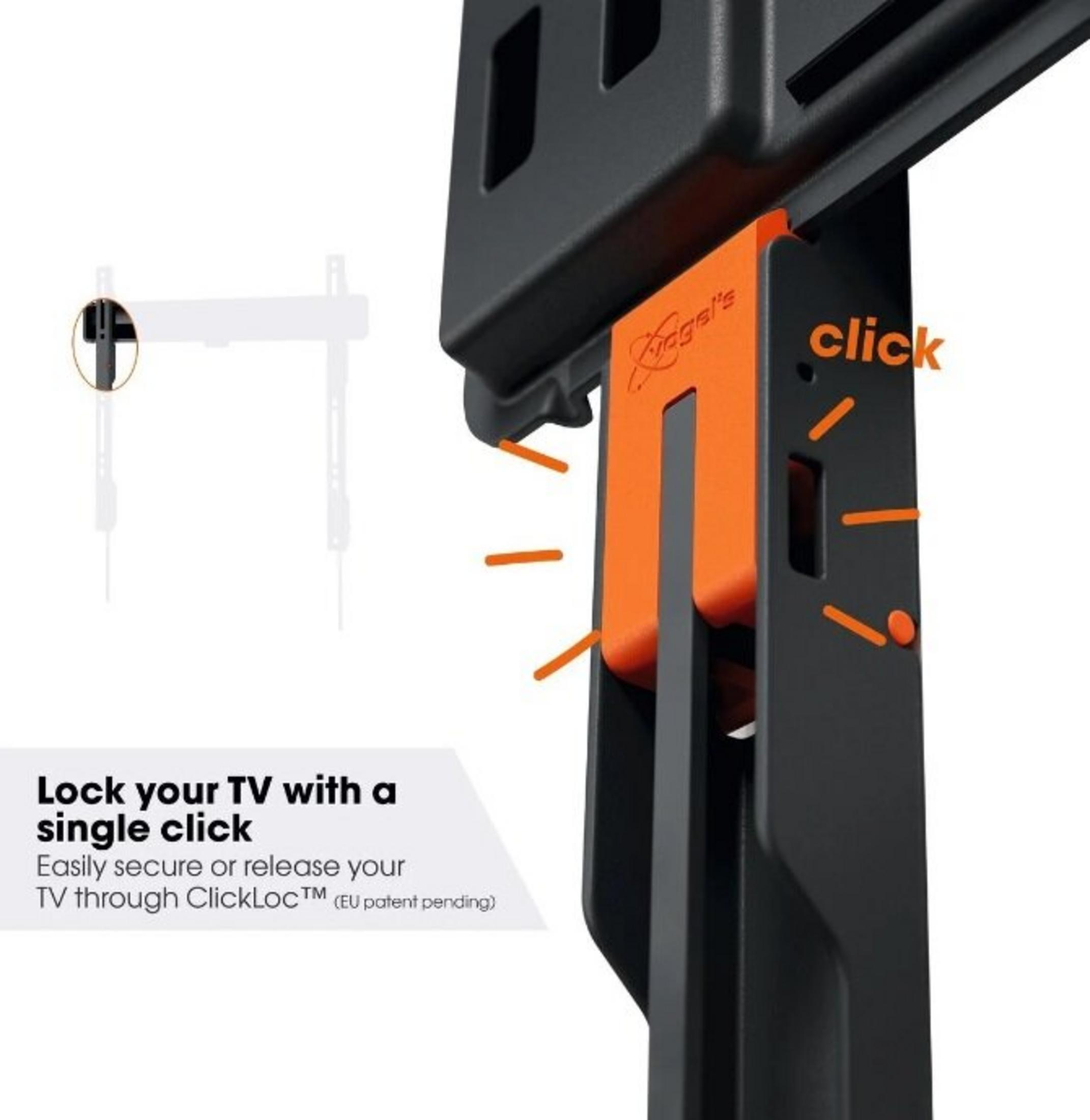 Dettaglio supporto TV nero con meccanismo arancione ClickLoc e testo.