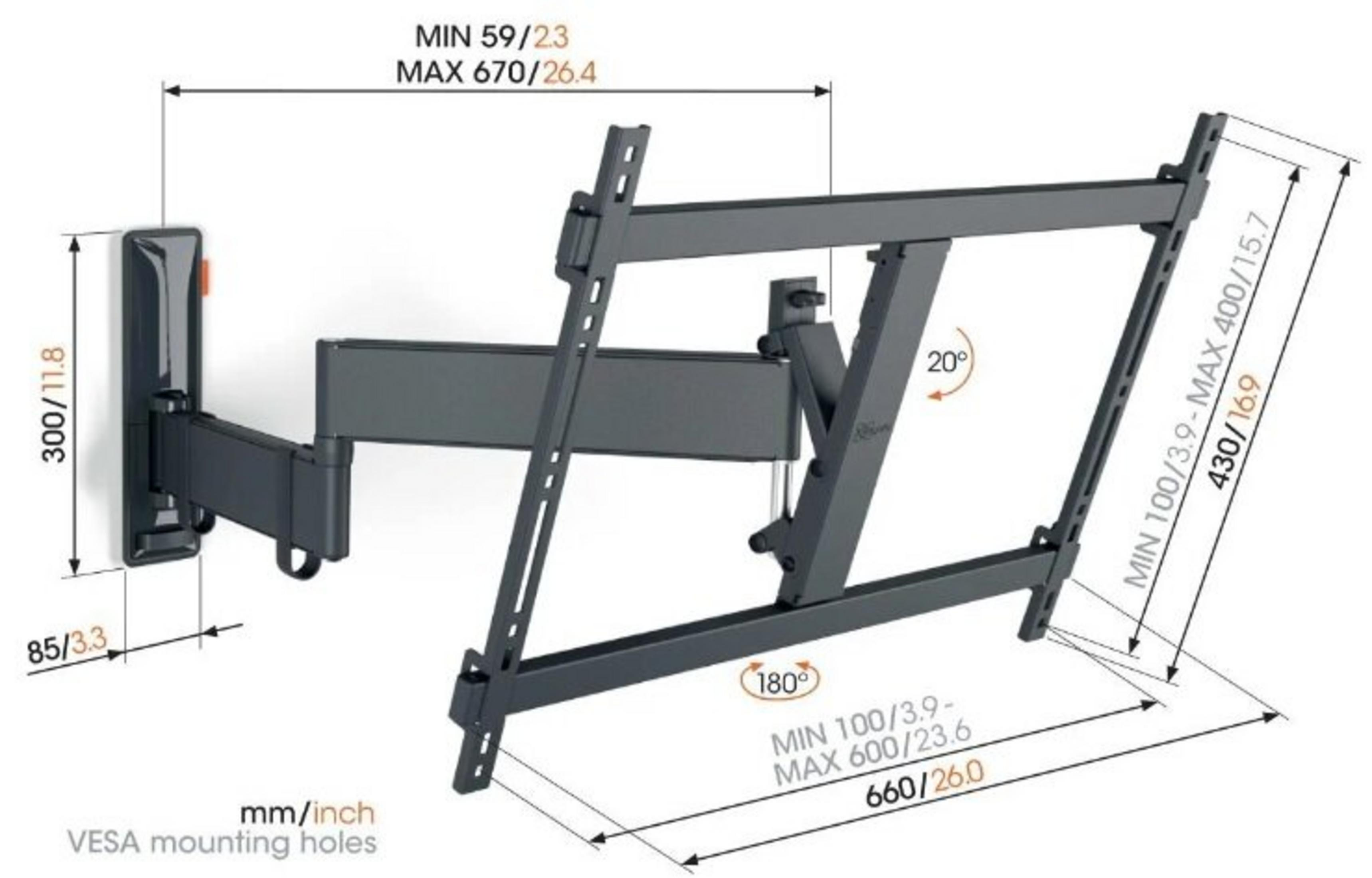 Ciemnoszary, przegubowy uchwyt ścienny do telewizora z wymiarami i kątami.