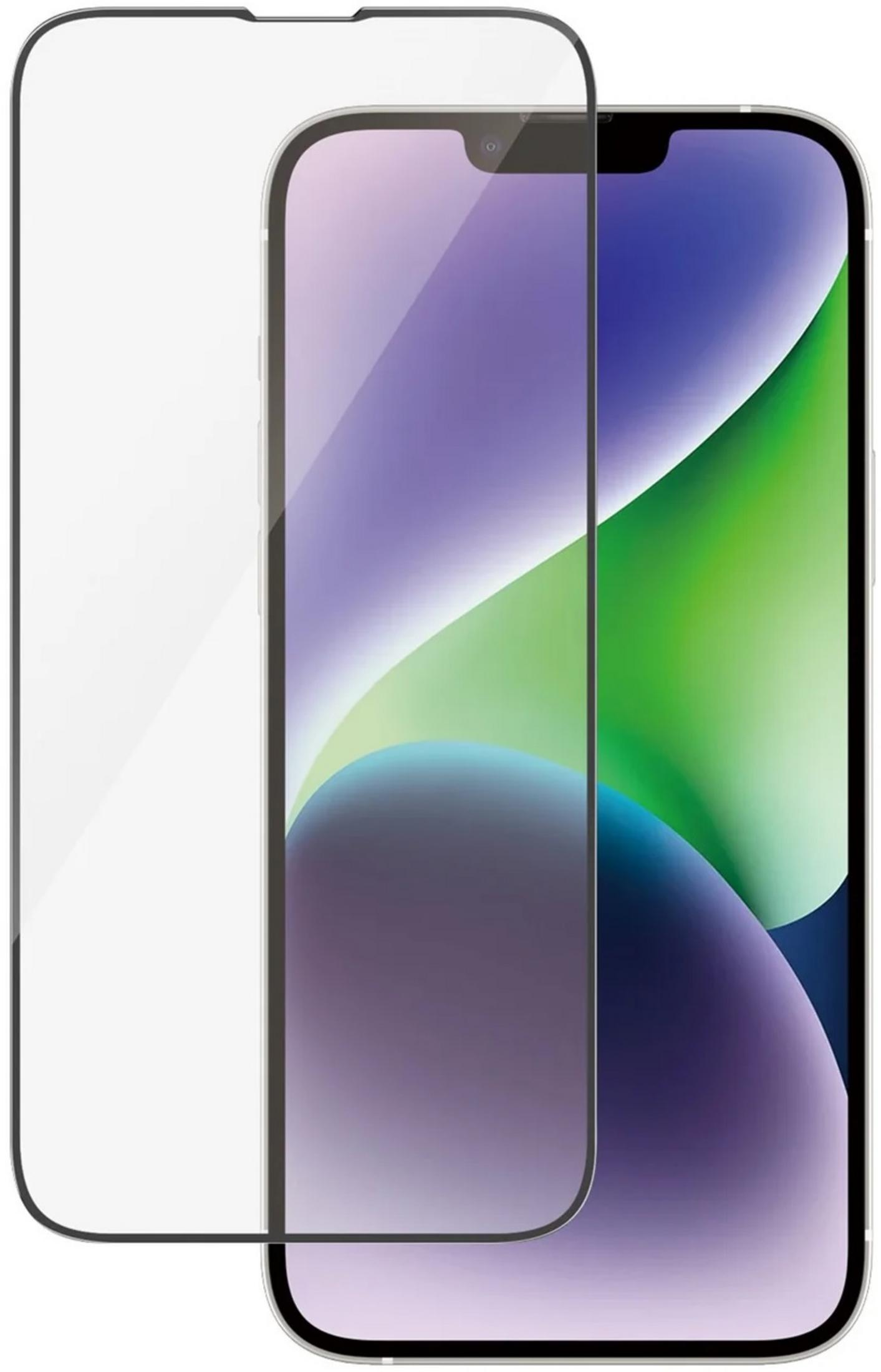 Un protecteur d'écran transparent repose sur un smartphone avec un fond d'écran abstrait violet et vert.