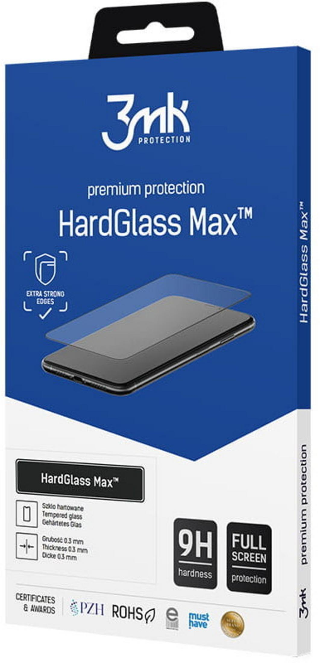 Confezione protettore schermo 3mk HardGlass Max con illustrazione smartphone e dettagli prodotto.