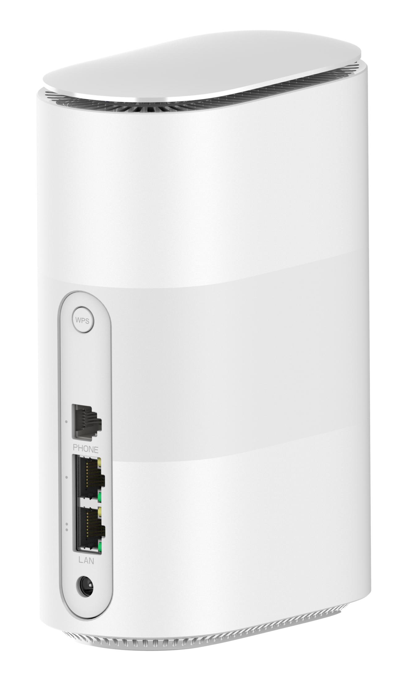 Biały cylindryczny router z portami WPS, telefonu i LAN po boku.