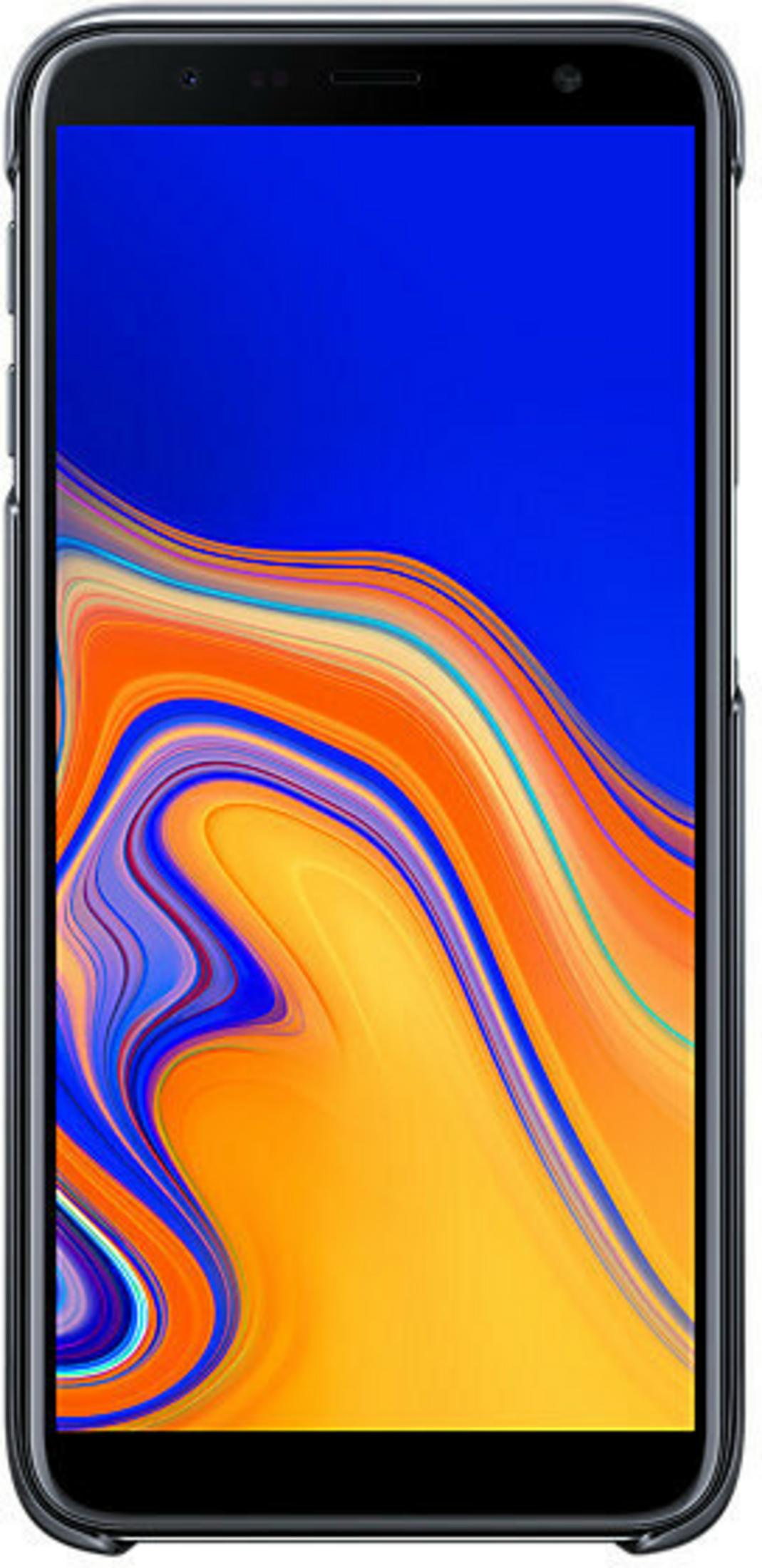 Czarny smartfon z kolorową abstrakcyjną tapetą w pomarańczowo-niebiesko-fioletowe wiry.