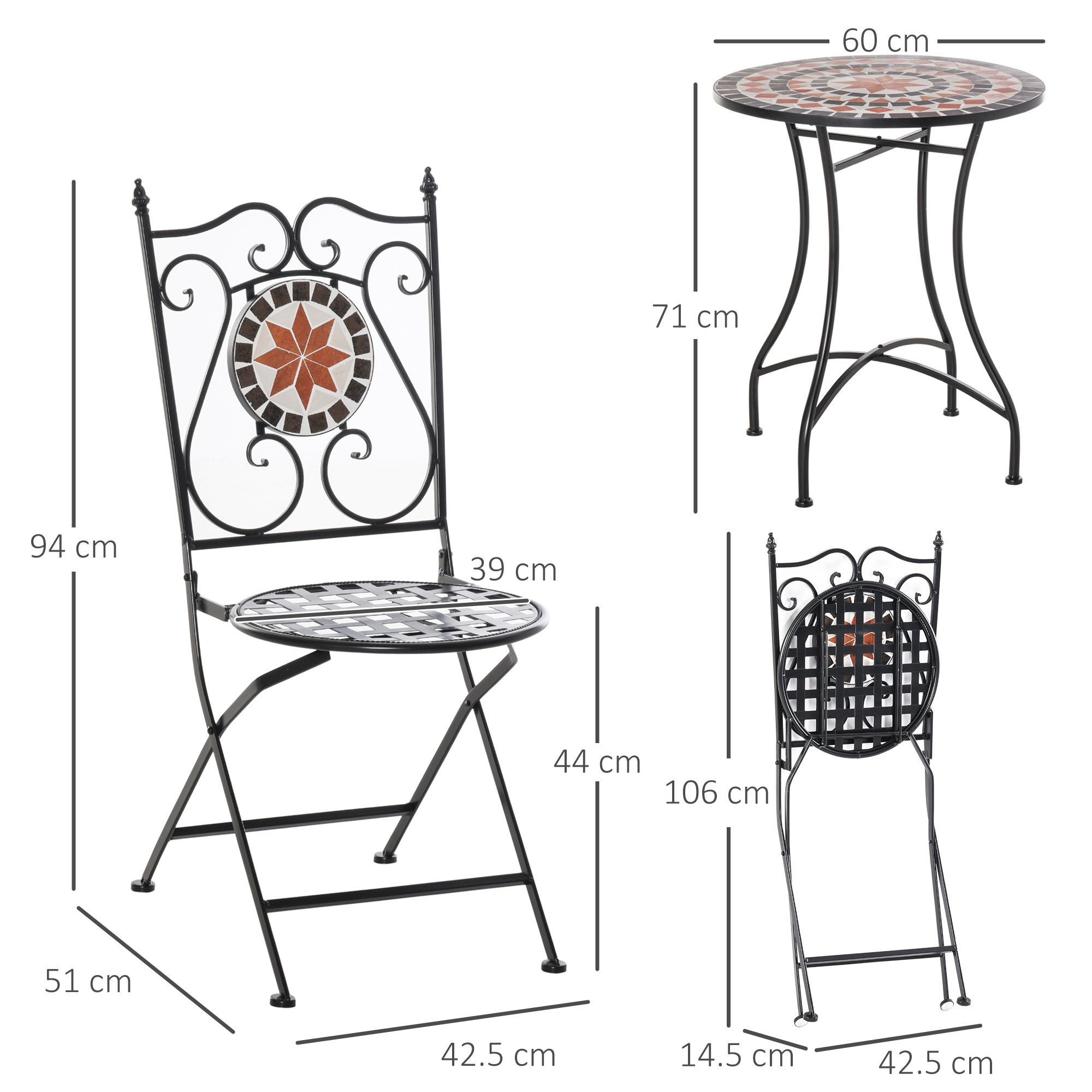 Set di tavolo e sedia pieghevoli in metallo nero con dettagli a mosaico.