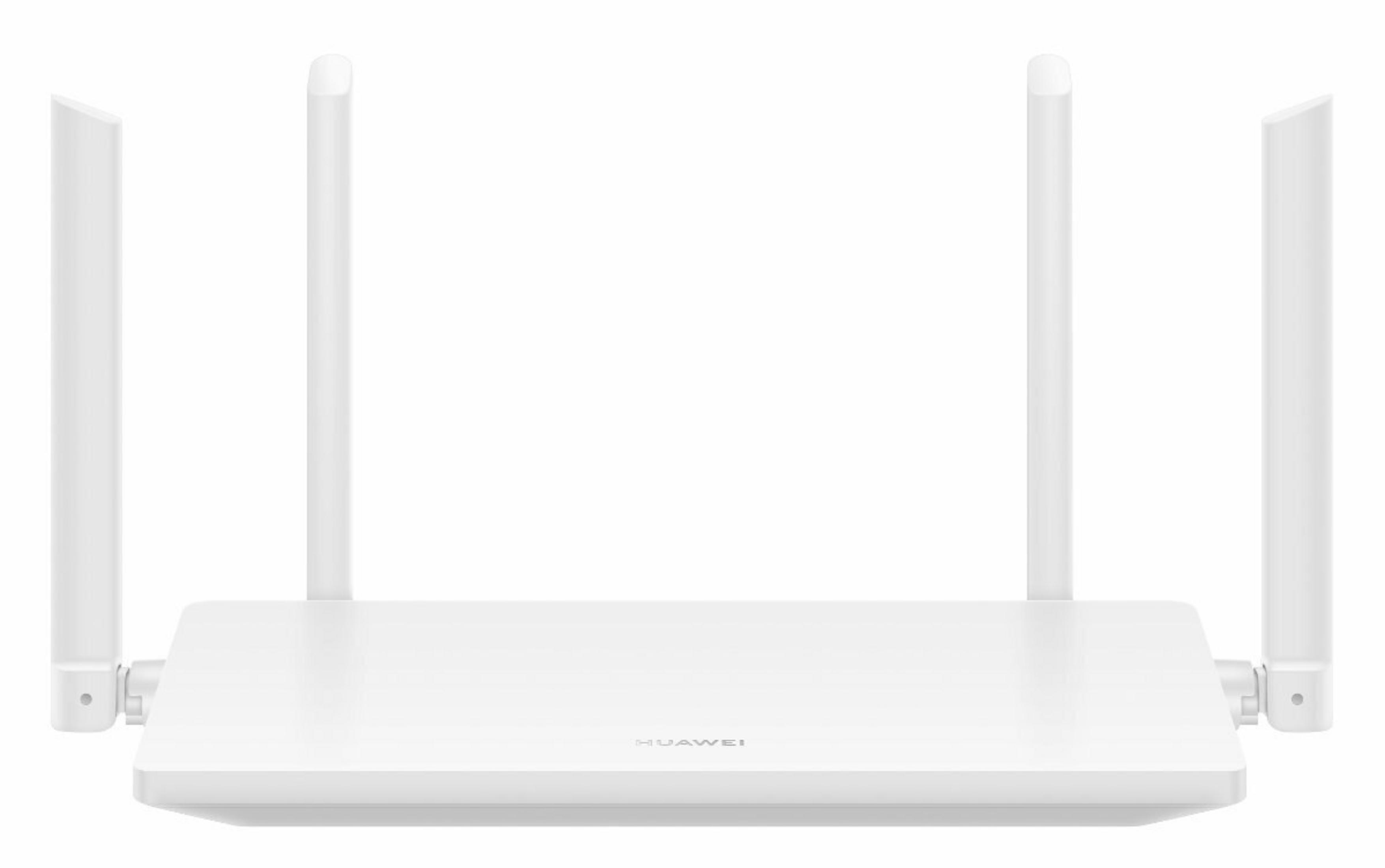 Ein weißer Huawei-Router mit vier Antennen ist vor einem weißen Hintergrund zu sehen.