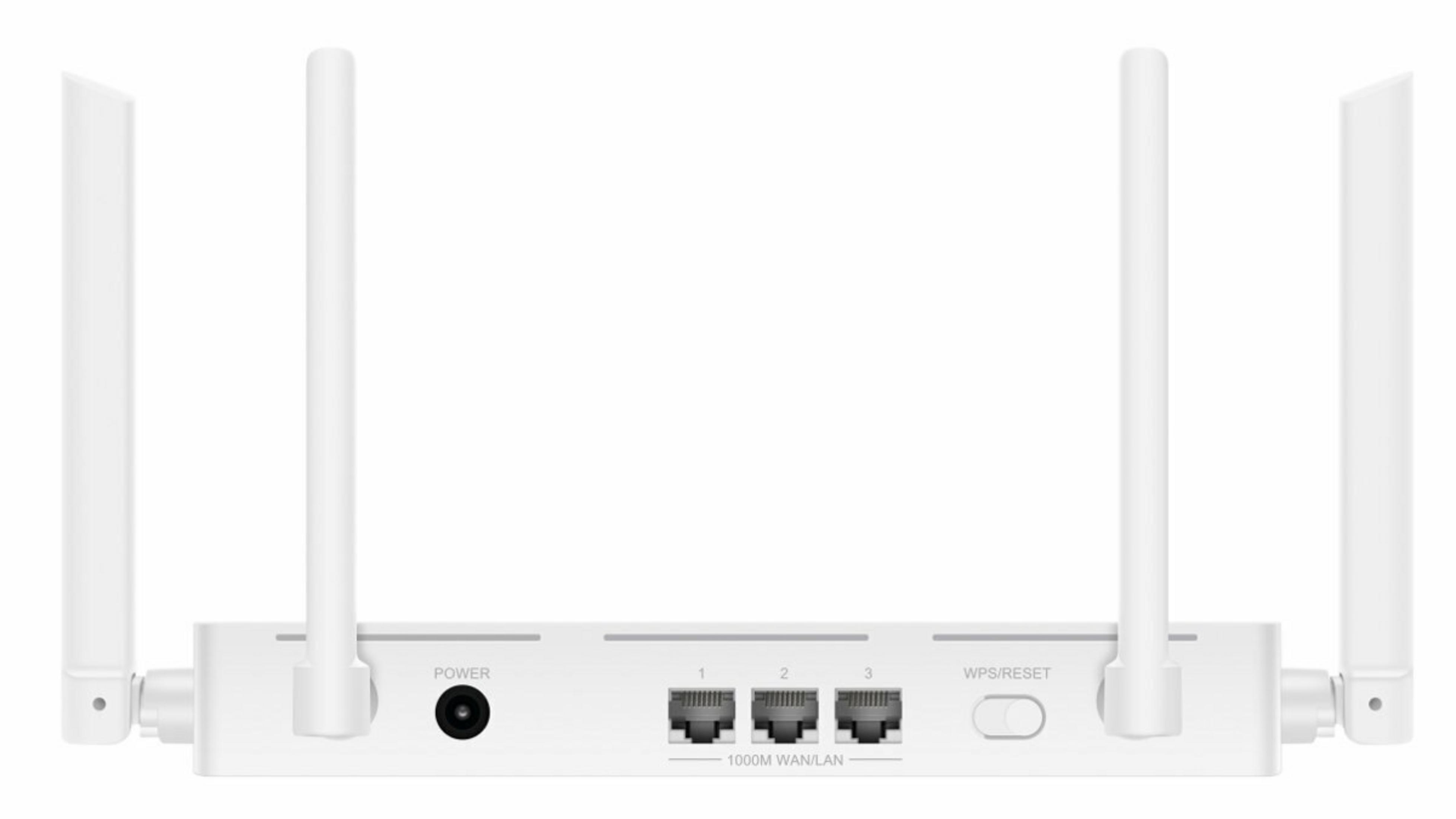 Ein weißer Router mit vier Antennen, einem Stromanschluss und drei LAN-Anschlüssen.