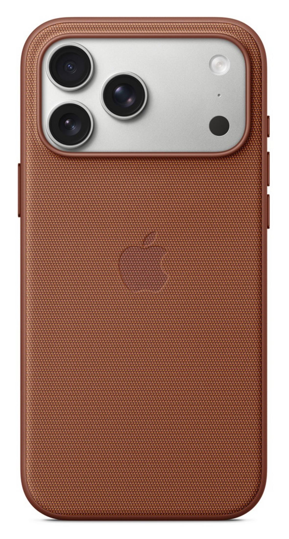 Custodia marrone per telefono con tripla fotocamera e logo Apple in rilievo.