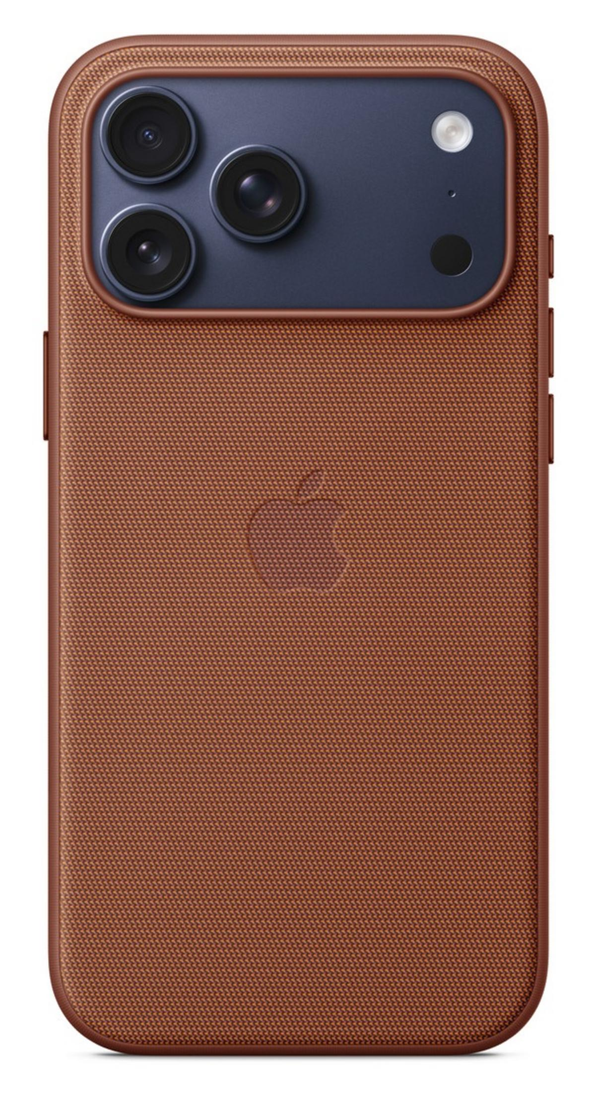 Custodia marrone per telefono con tripla fotocamera e logo Apple.