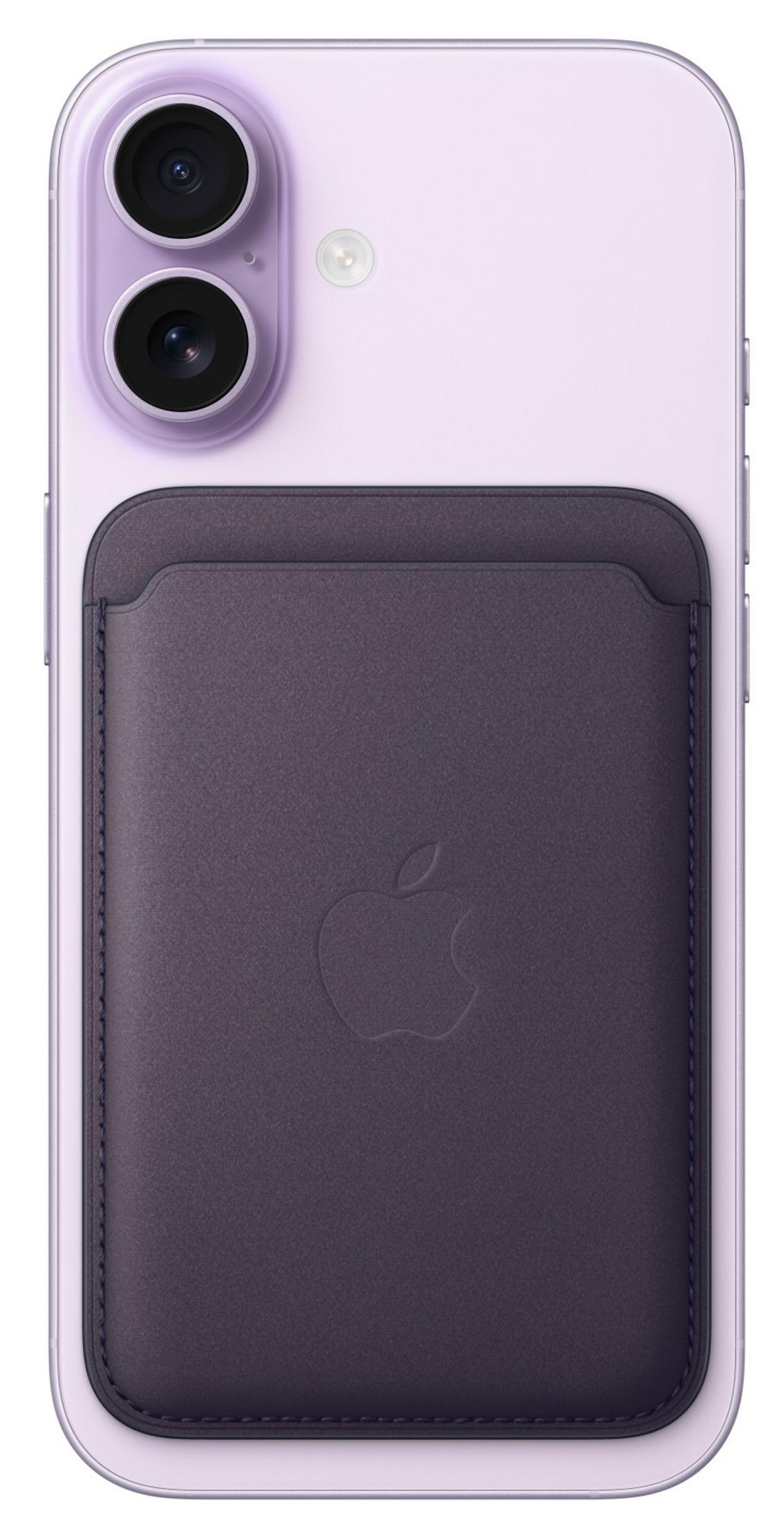 Un iPhone morado con un tarjetero negro en la parte trasera y dos cámaras.