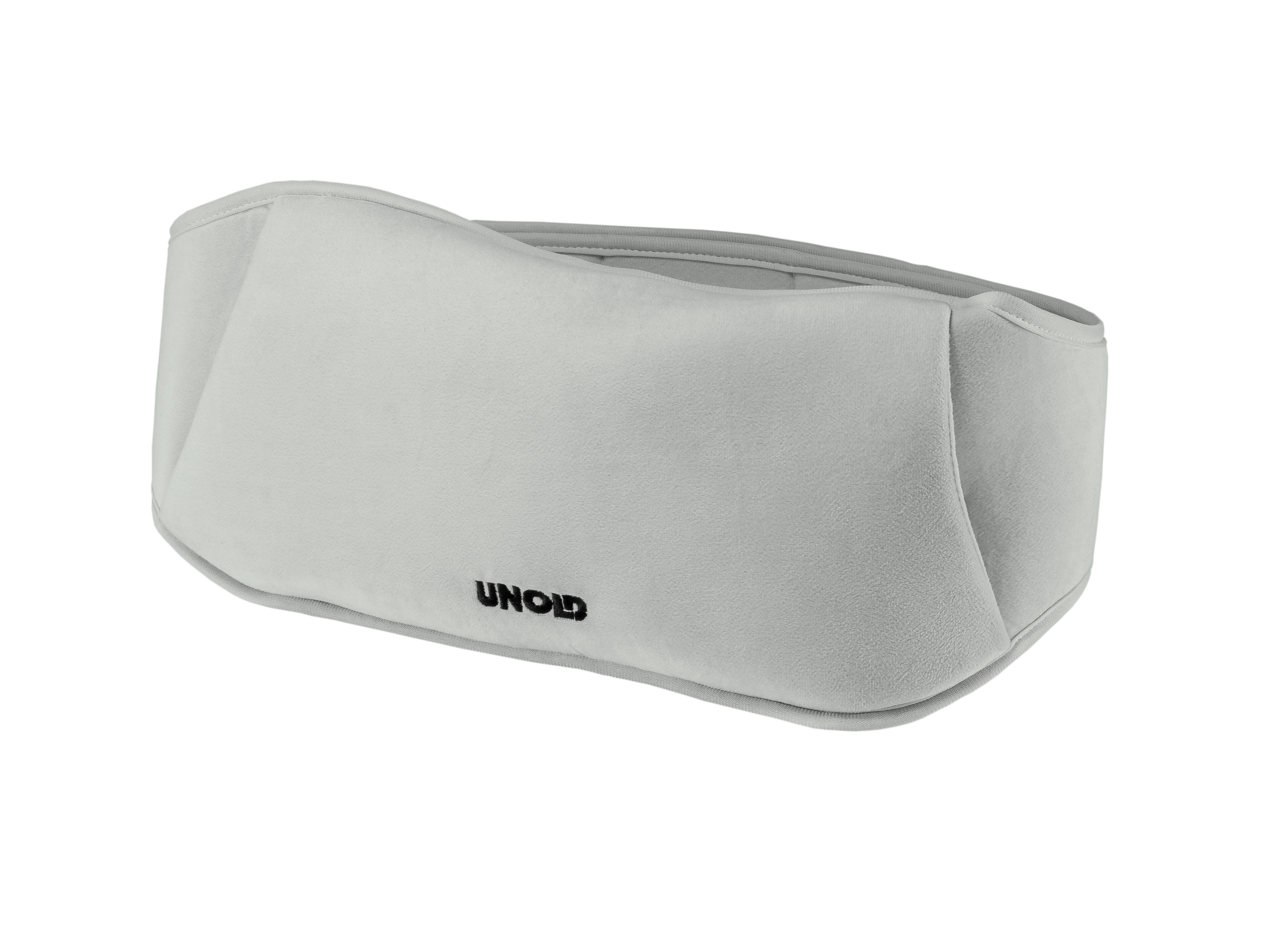 Grauer Massagegurt mit schwarzem UNOLD-Logo, weicher Stoff, Studioaufnahme.