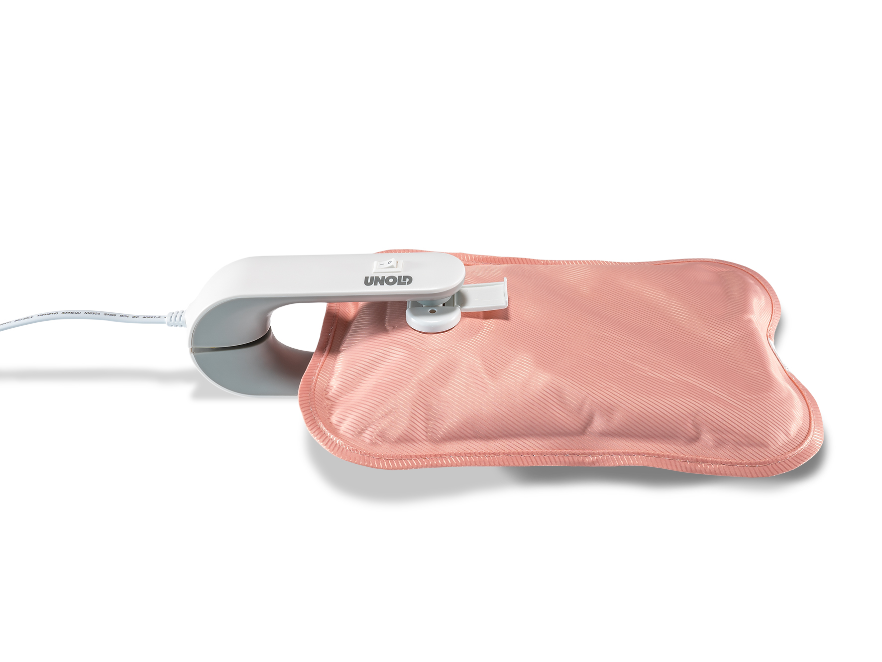 Eine pinke UNOLD Wärmflasche mit weißem Heizelement und Netzkabel auf weißem Grund.