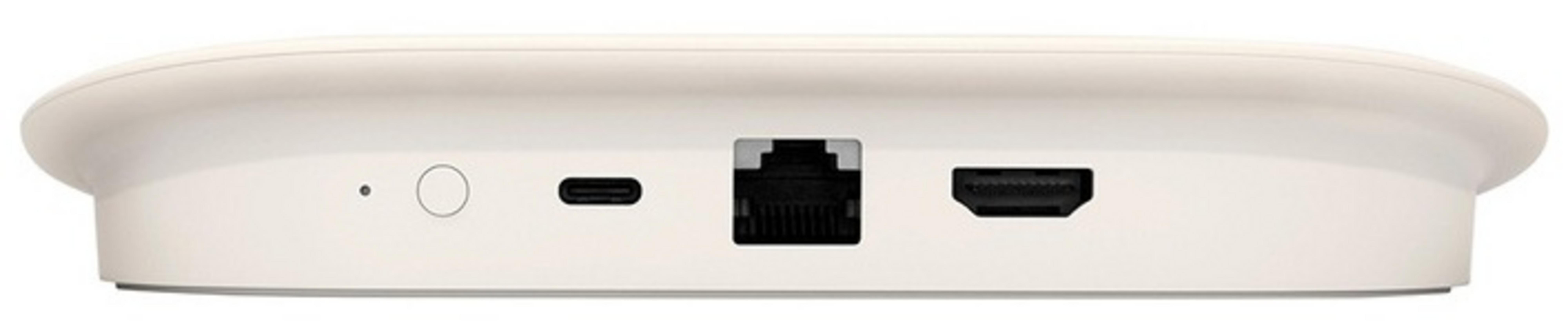 Yanda USB-C, Ethernet ve HDMI bağlantı noktalarına sahip beyaz cihaz.