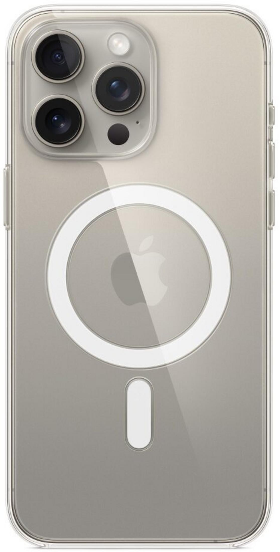 Achterkant van een doorzichtige iPhone case met drie camera's en MagSafe.