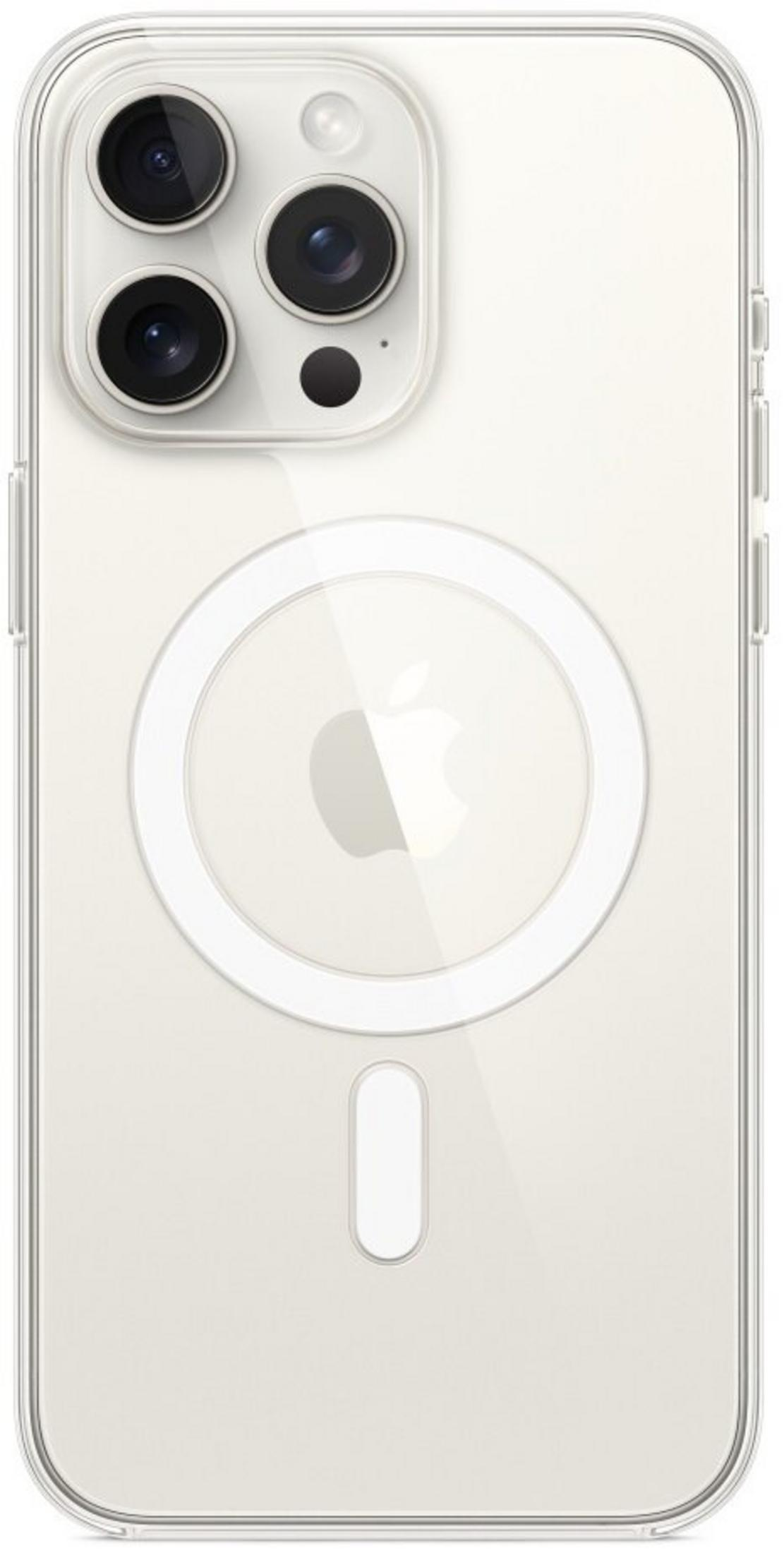 Transparante iPhone hoes met drievoudige camera, MagSafe ring en Apple logo.