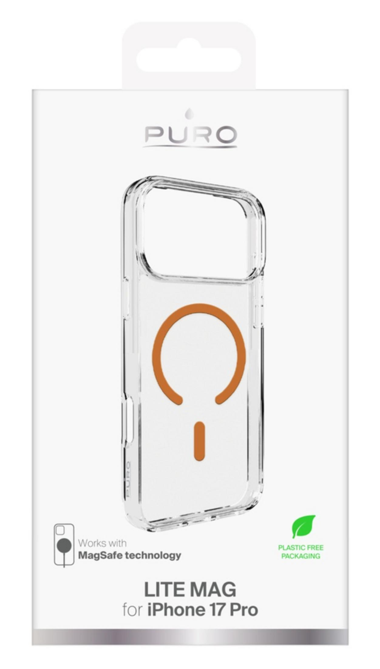 Confezione cover Puro iPhone 17 Pro Lite Mag, trasparente con logo MagSafe arancione.