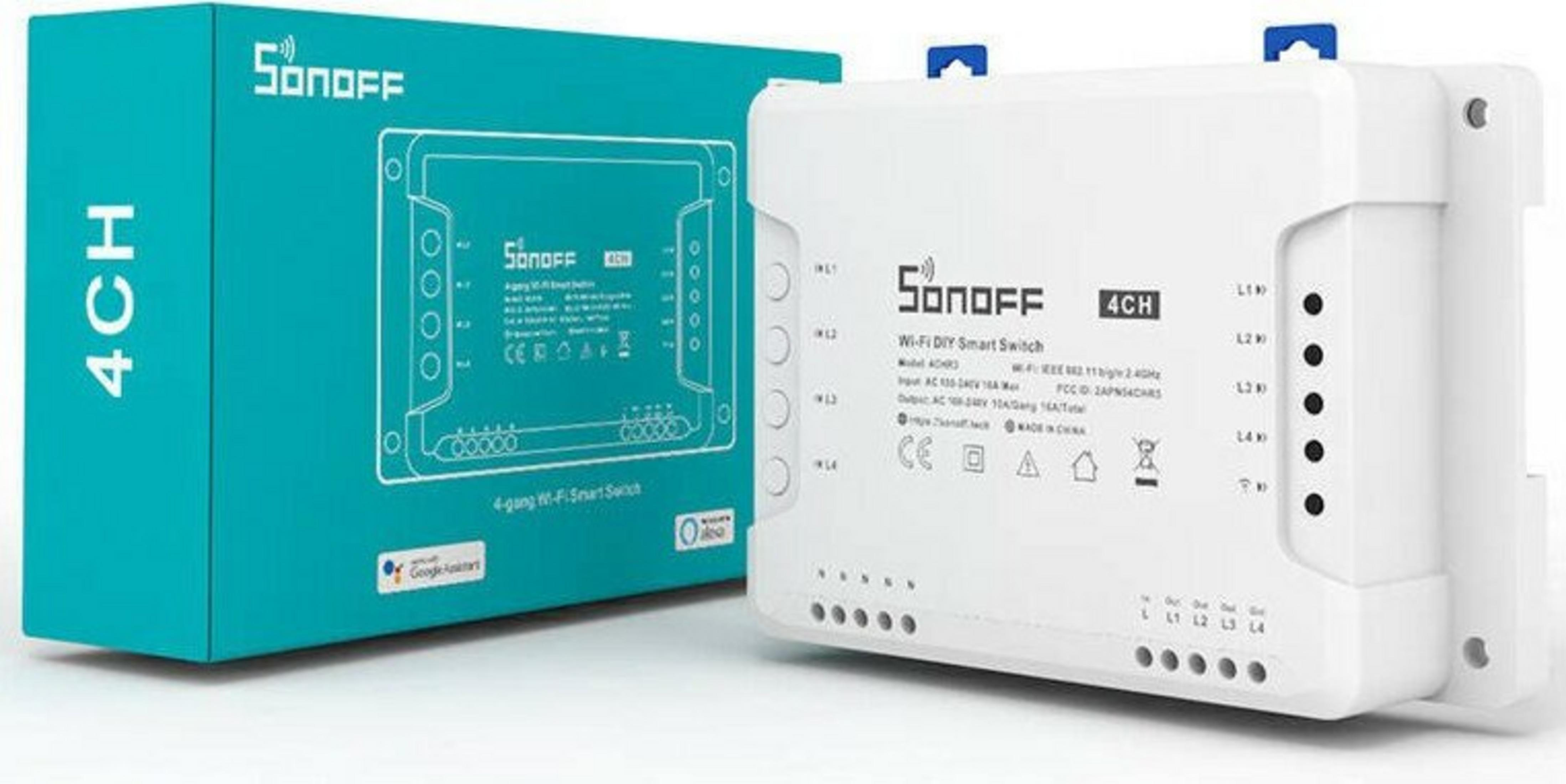 Ein weißer Sonoff 4CH WLAN-Smart-Schalter steht neben seiner türkisfarbenen Verpackung.