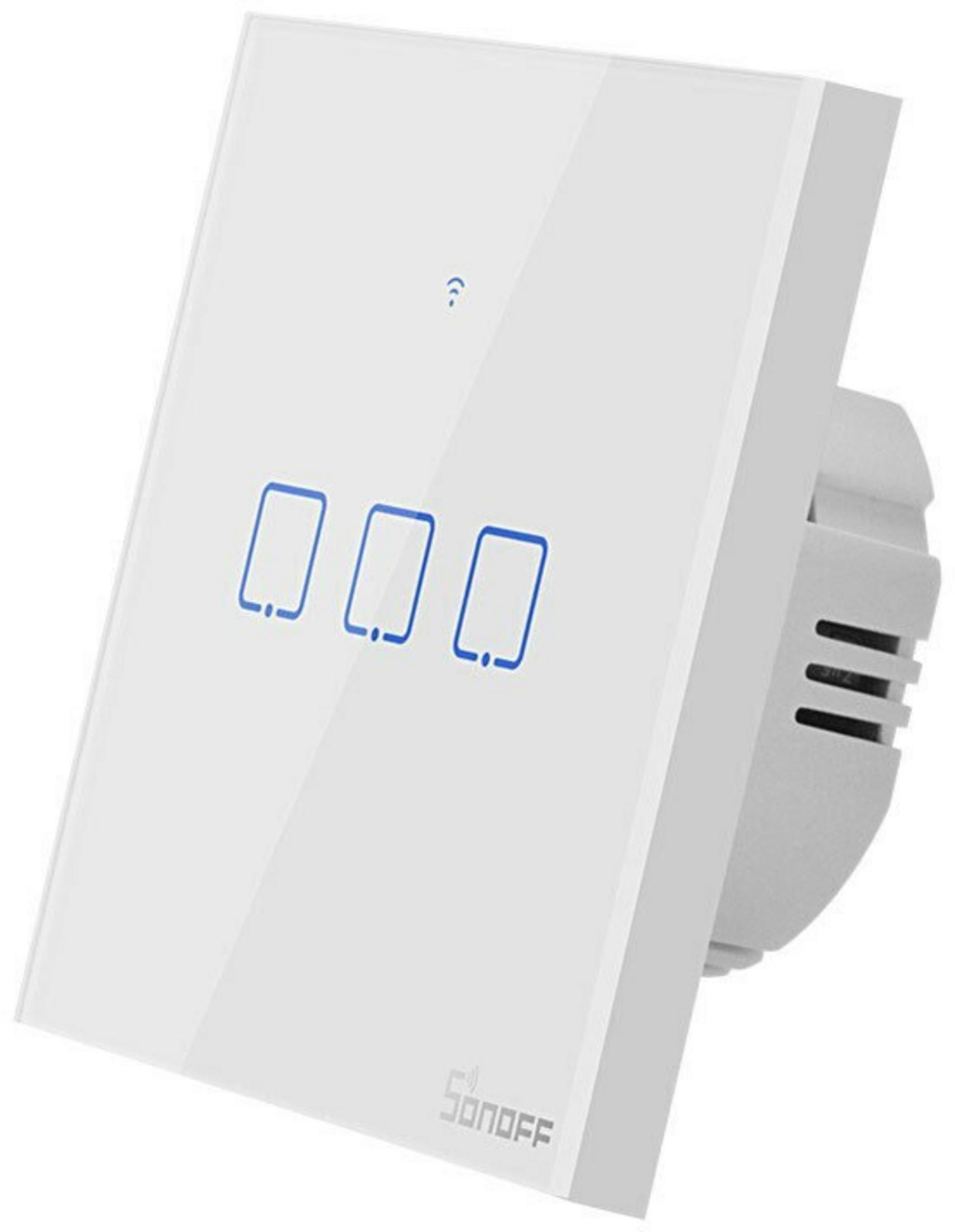 Un interruttore smart Sonoff bianco con tre pulsanti touch blu e un simbolo Wi-Fi.