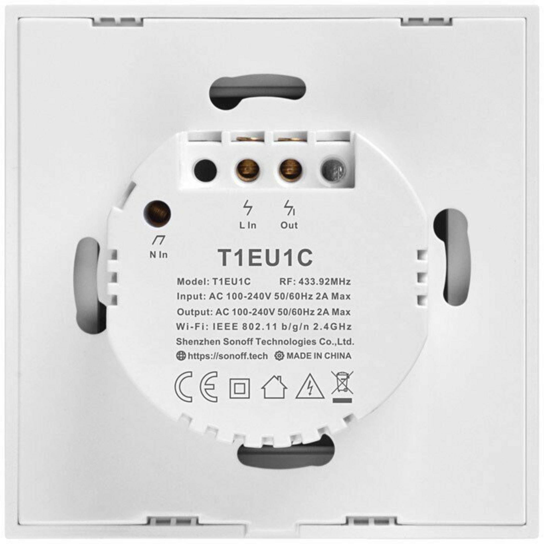 Retro di un interruttore bianco con modello T1EU1C e specifiche tecniche.