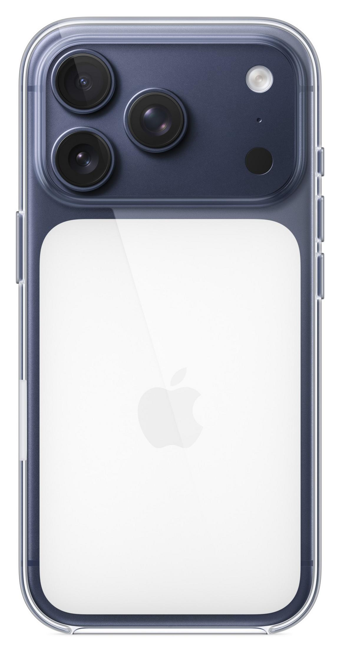 Retro di un iPhone blu scuro con tre fotocamere e logo Apple.