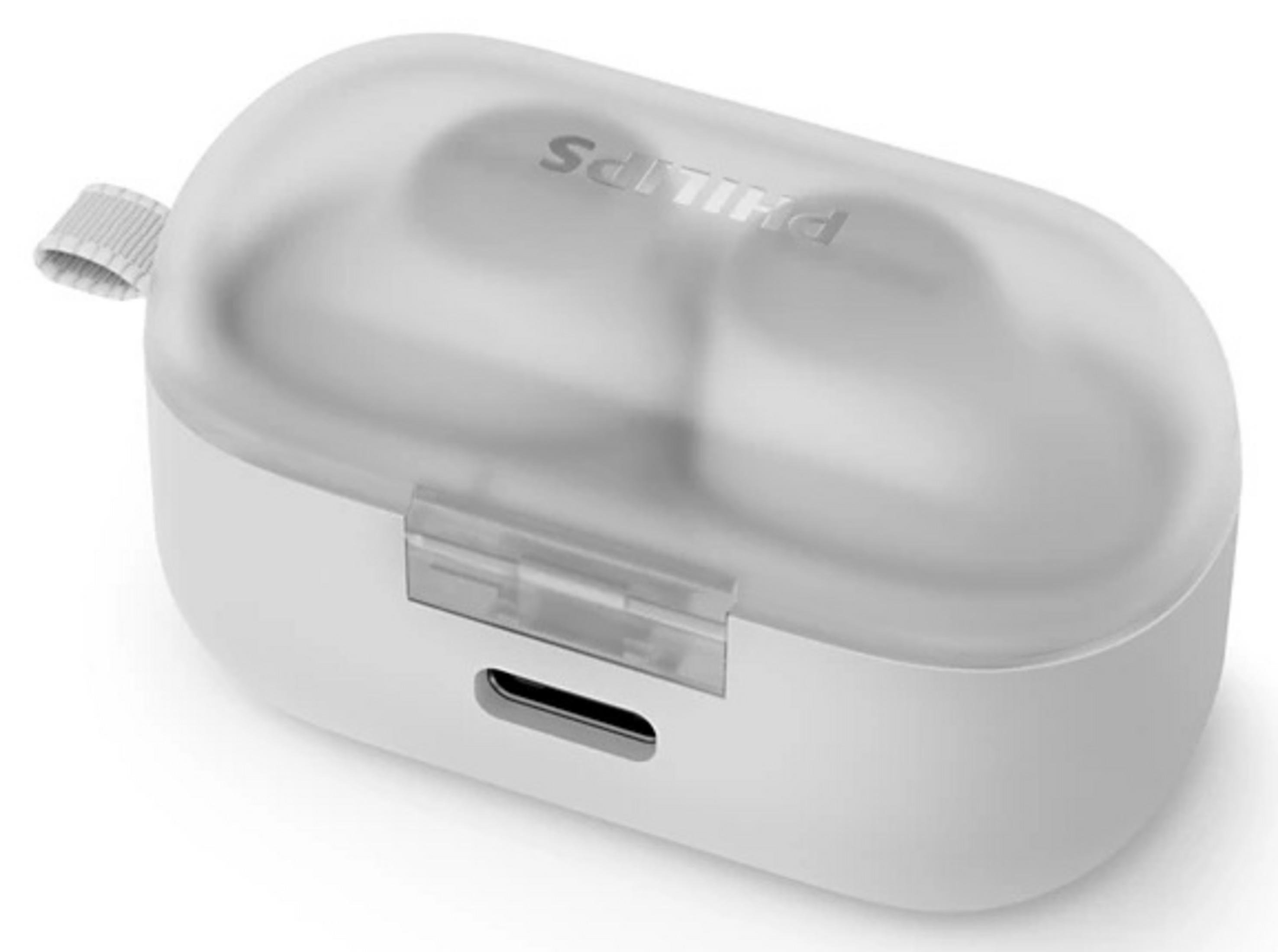 Ein weißes Ladeetui mit durchscheinendem Deckel, Philips-Logo und USB-C-Anschluss.