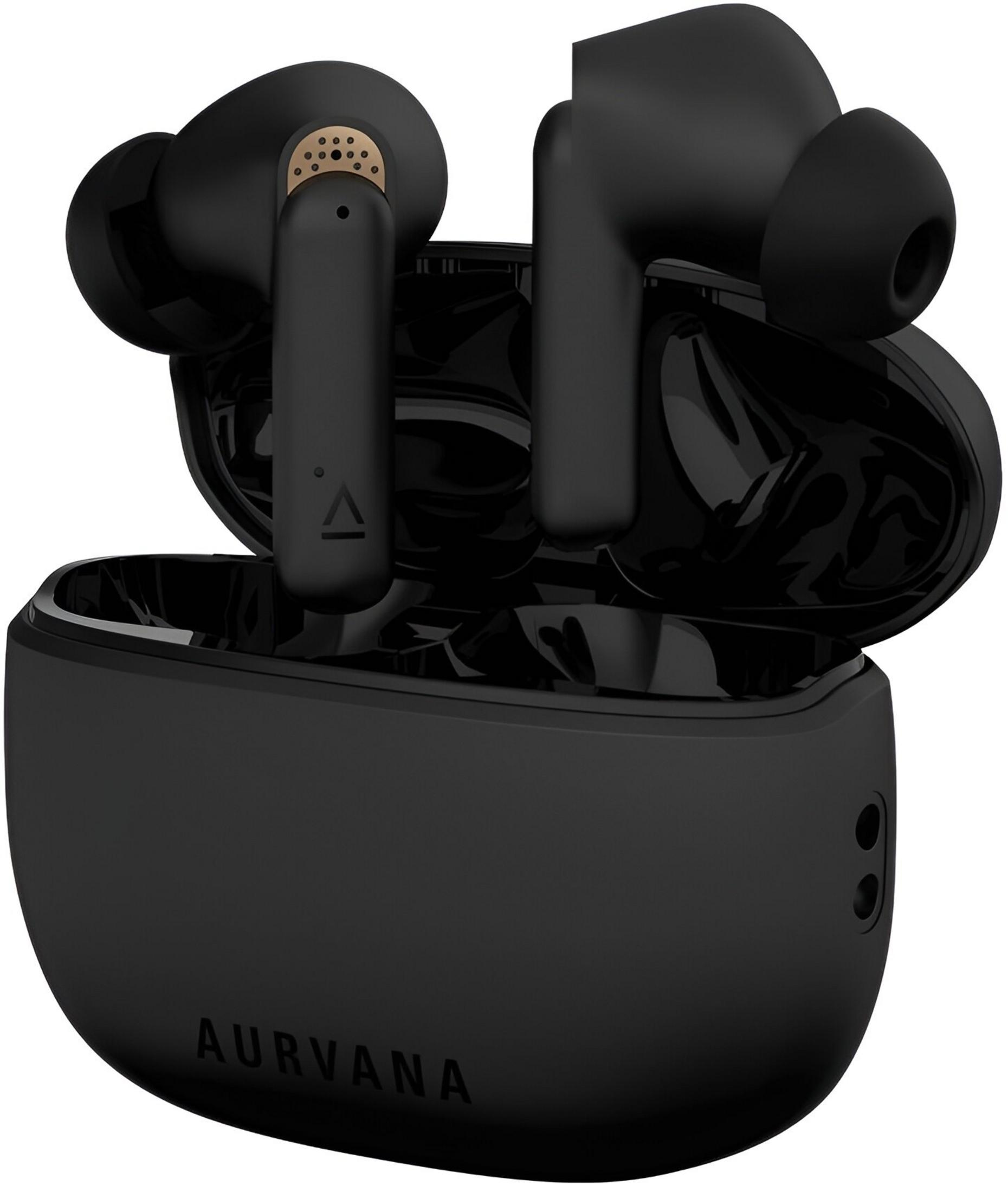 Auricolari wireless neri con custodia di ricarica. Logo Aurvana visibile.
