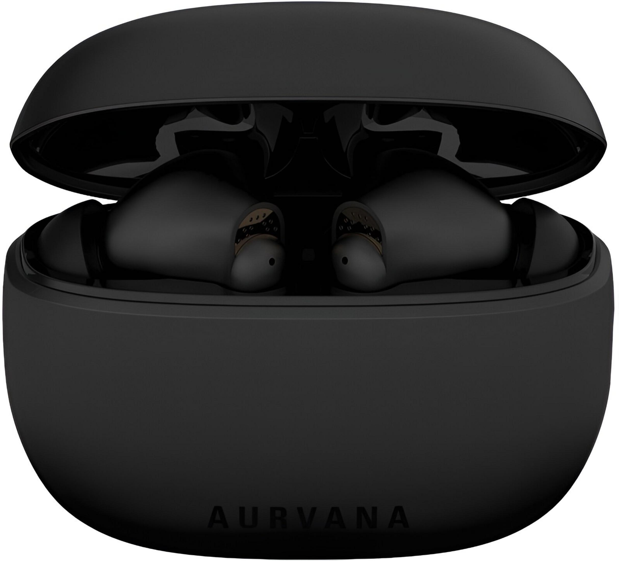 Auricolari wireless neri Aurvana in una custodia di ricarica aperta su sfondo bianco.