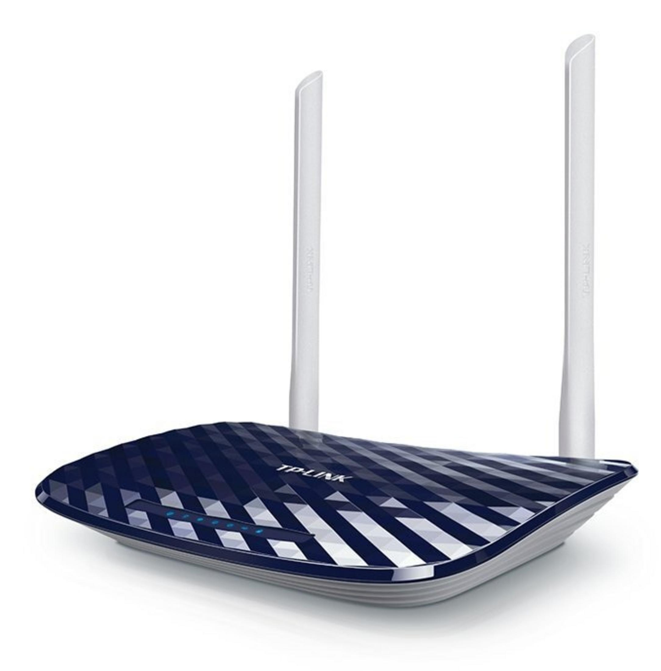 Ein dunkelblauer TP-Link-Router mit geometrischem Muster und zwei weißen Antennen.