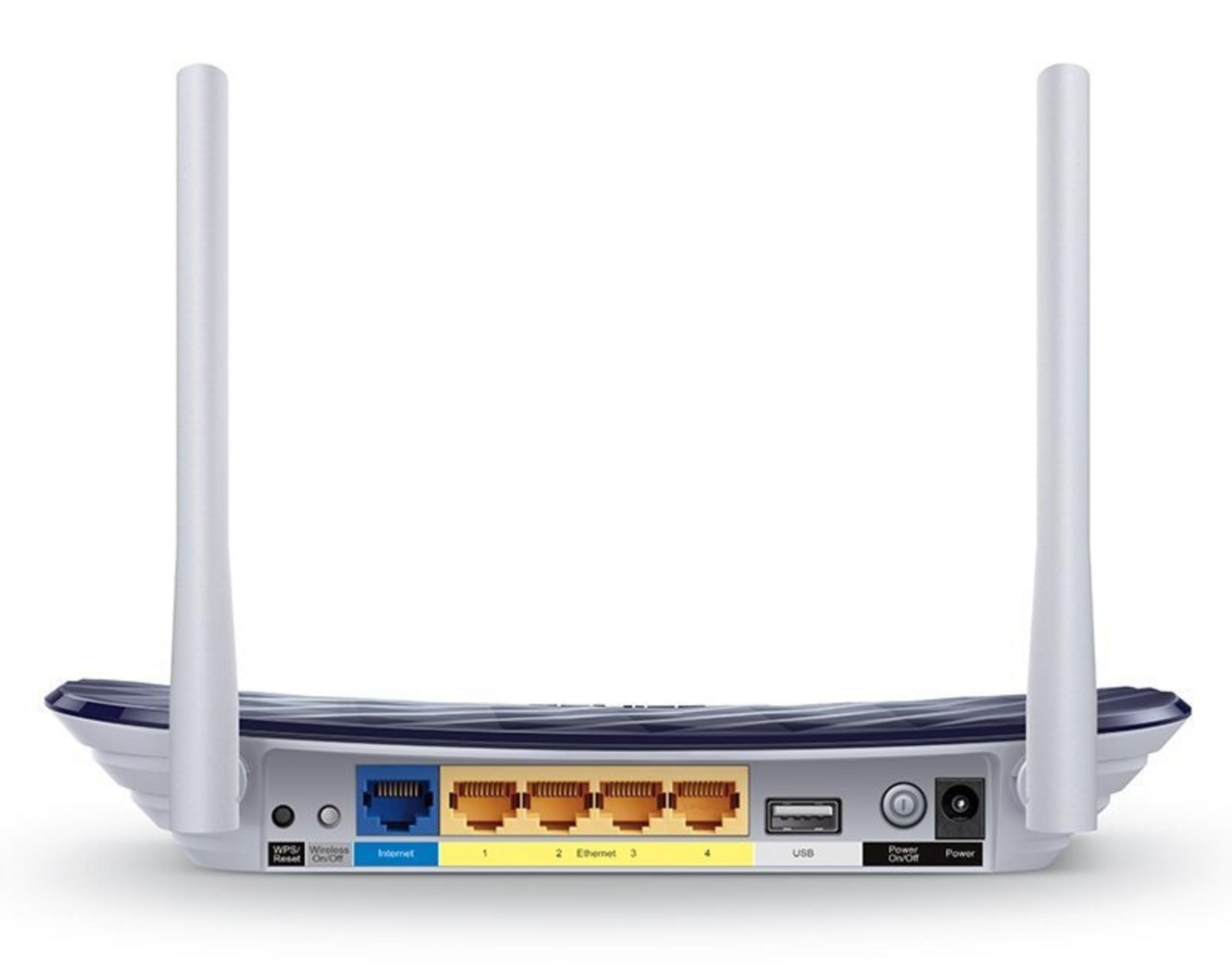 Rückseite eines weißen und blauen WLAN-Routers mit Anschlüssen.