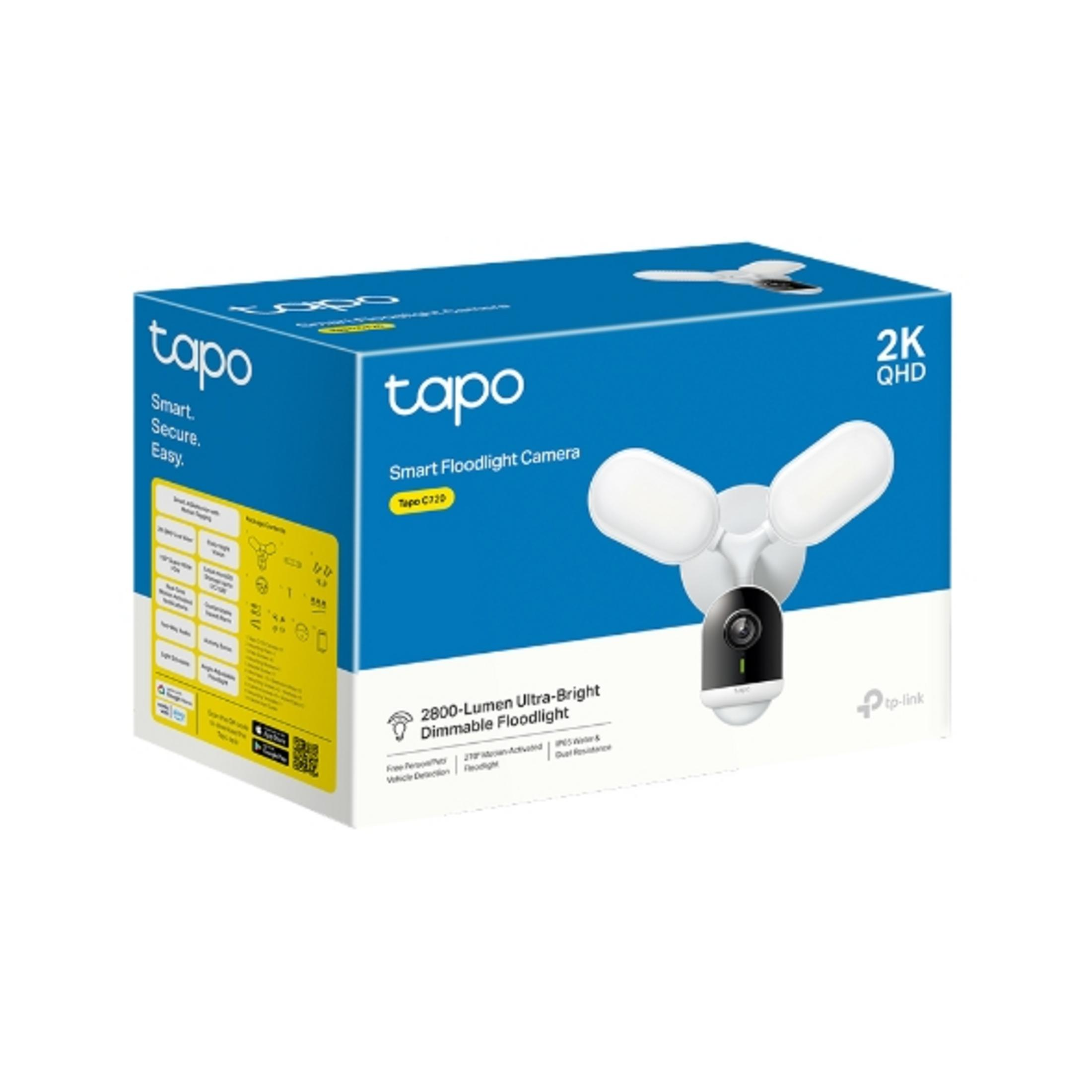Tapo Smart Floodlight Camera doos met 2K QHD. Beschikt over 2800-lumen dimbare schijnwerper.