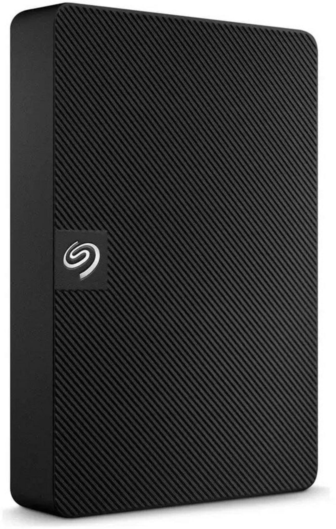 Hard disk esterno nero con superficie testurizzata e logo Seagate argentato.