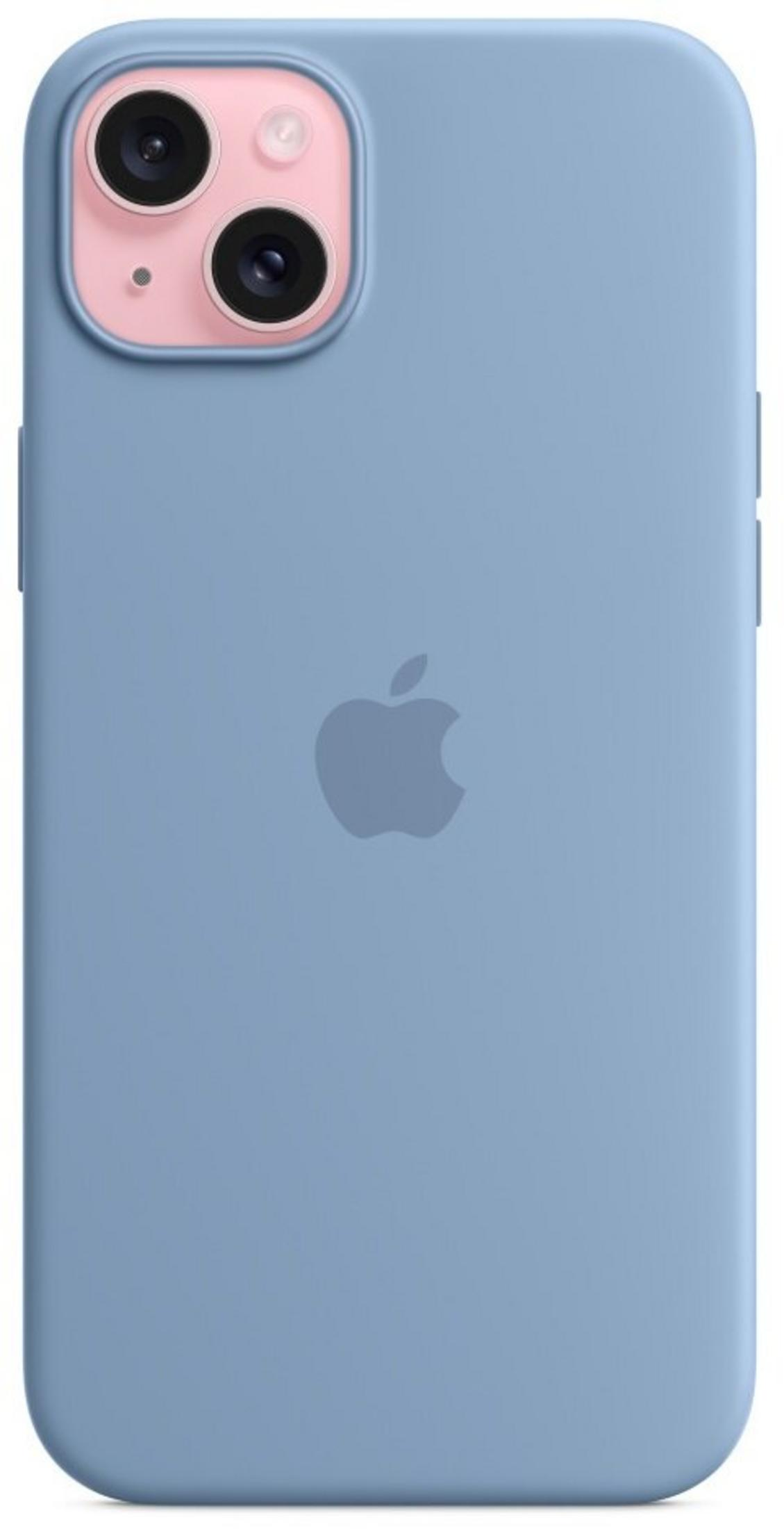 Een lichtblauwe iPhone hoes met een Apple logo op de achterkant.