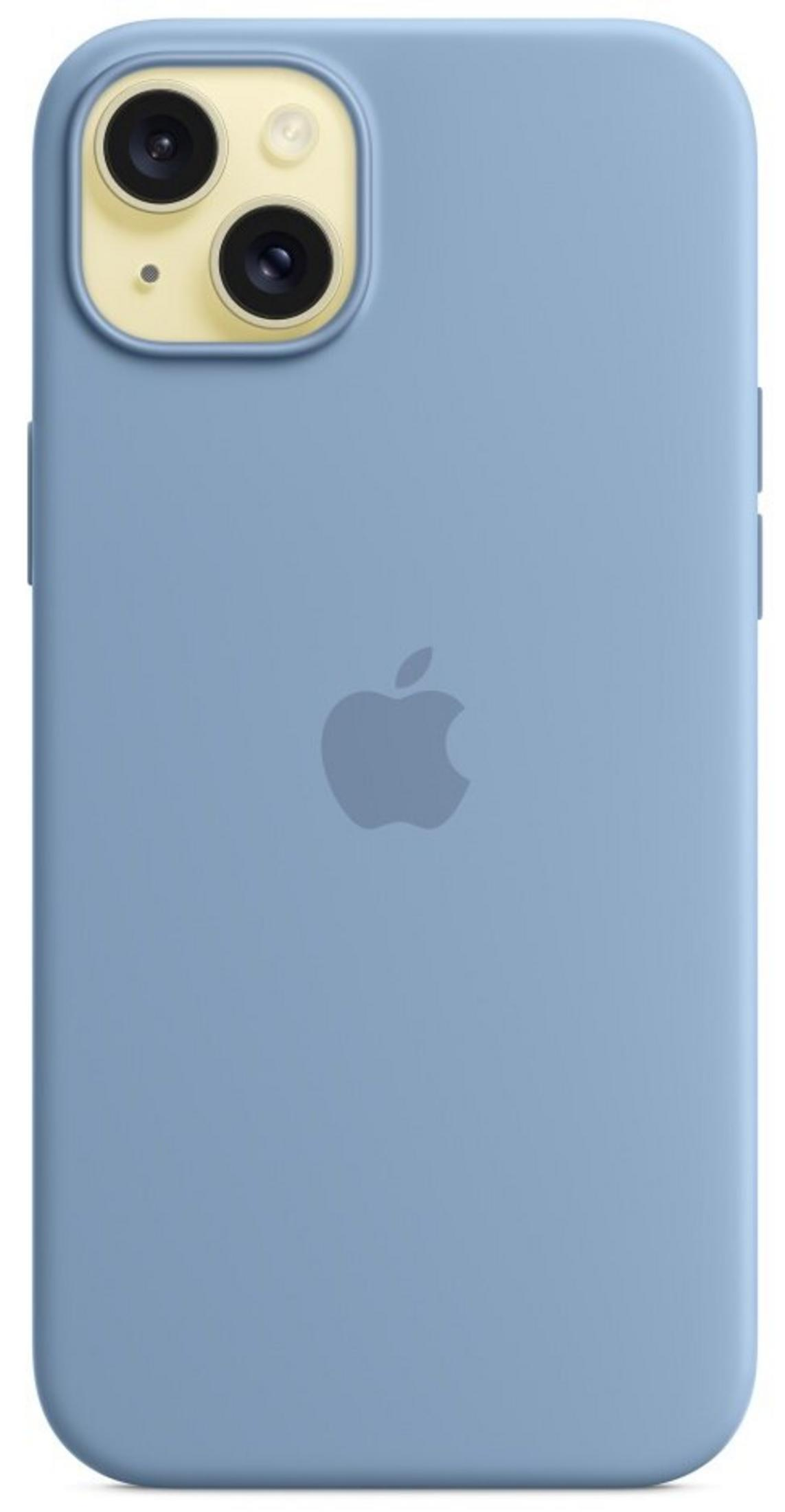 Een blauwe telefoonhoes met Apple logo en camerabobbel.