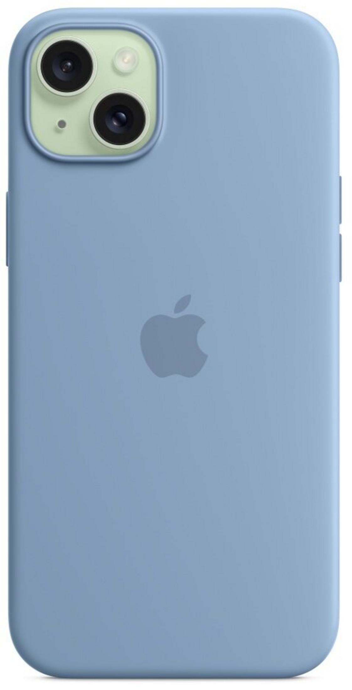 Een blauwe iPhone 14 hoes met dubbele camera's en het Apple logo.