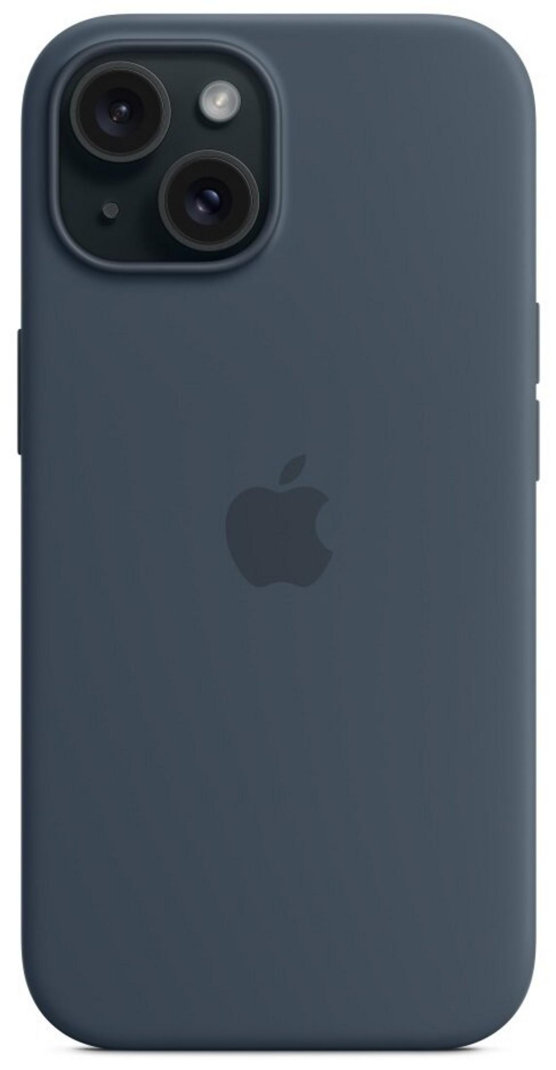 Ciemnoszare etui na iPhone z logo Apple i podwójnym aparatem.