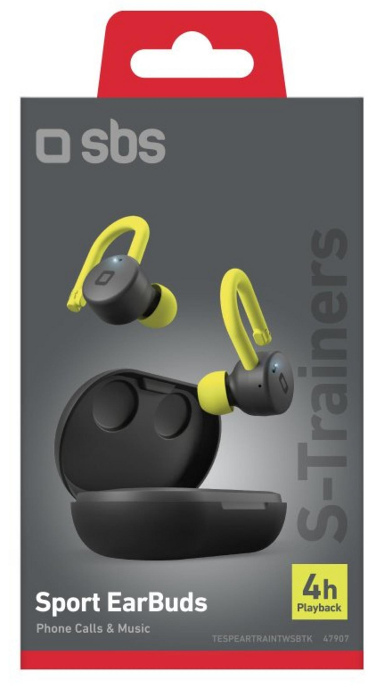 Auricolari sportivi neri e gialli e custodia di ricarica su sfondo grigio con logo SBS.