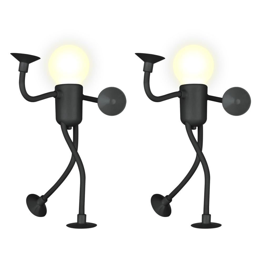 Due lampade nere antropomorfe con lampadine arrotondate e gambe flessibili.