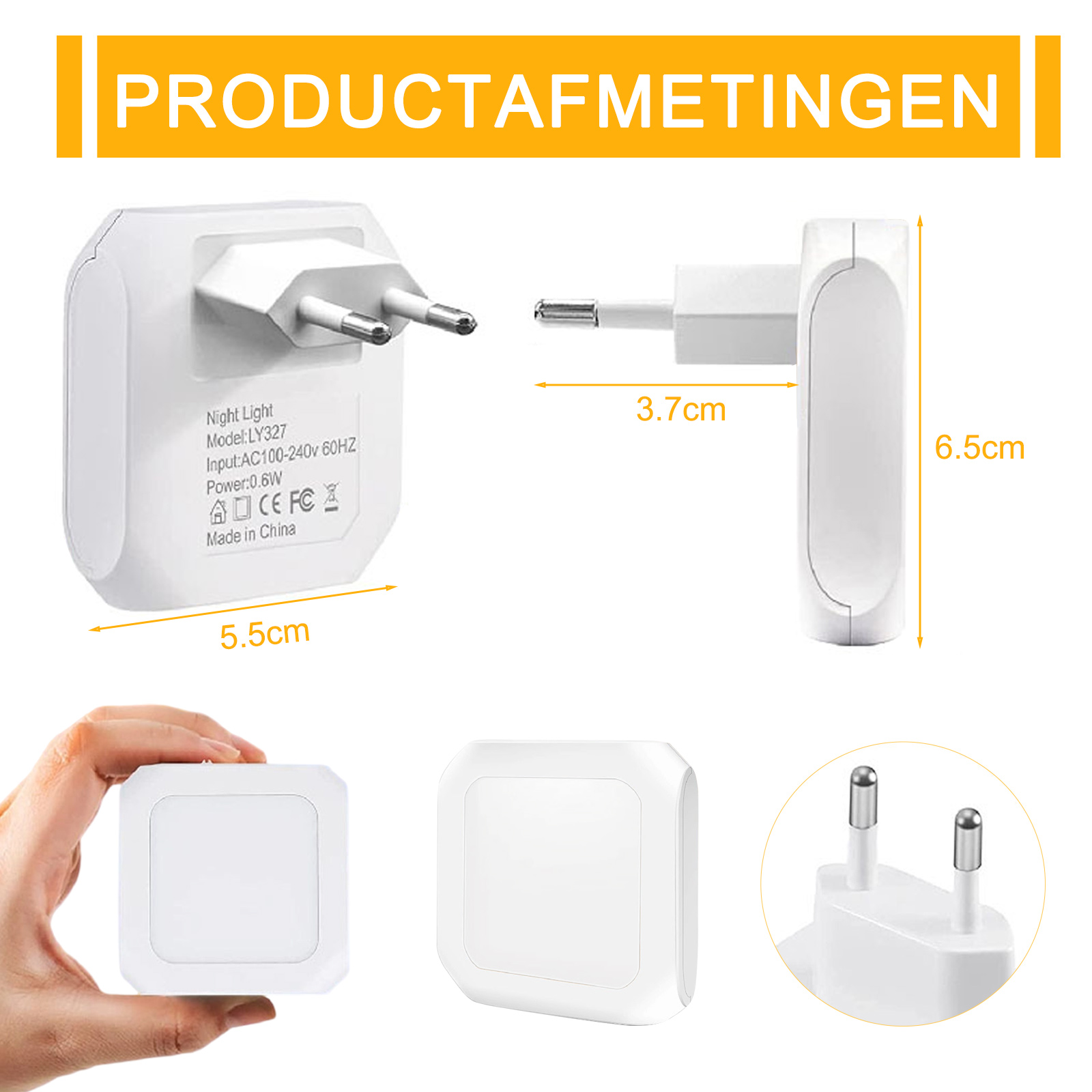 Weiße Nachtlichter mit Maßen: 5,5cm, 3,7cm, 6,5cm.