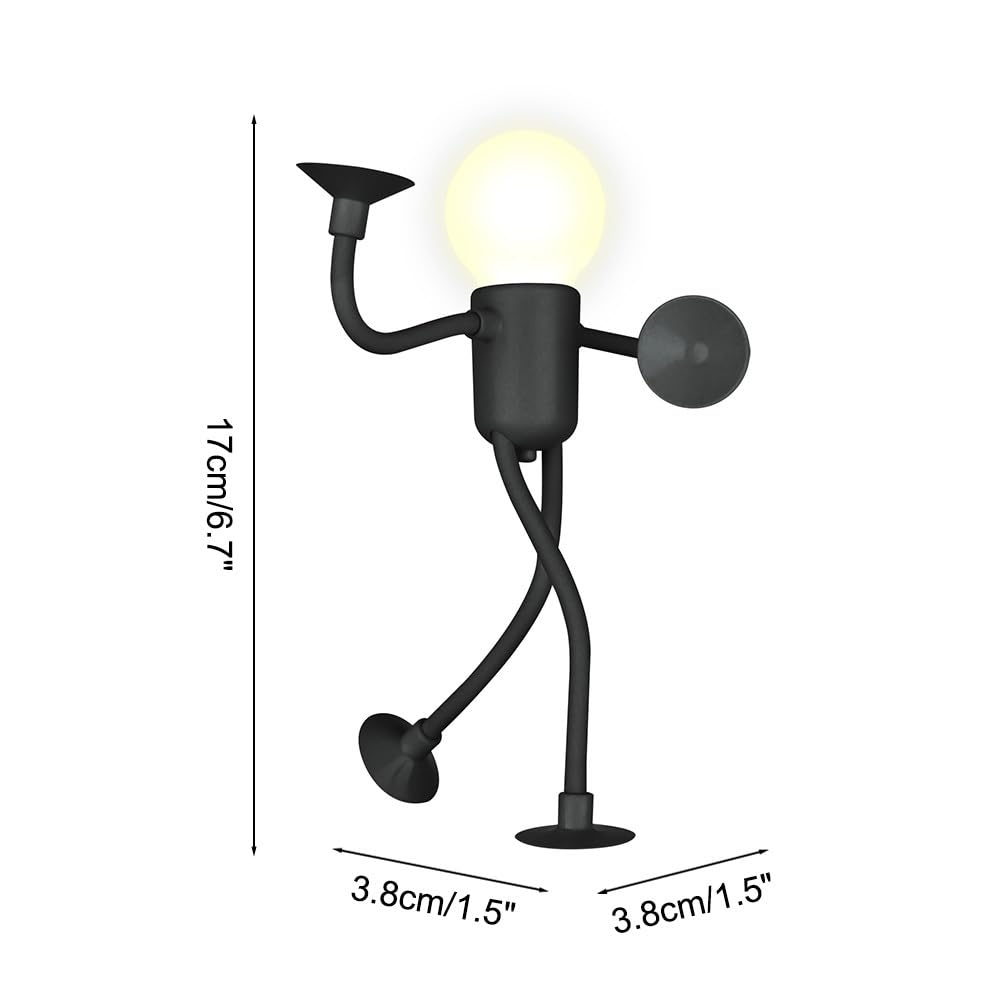 Una lampada nera a forma di persona con testa a lampadina luminosa su sfondo bianco.