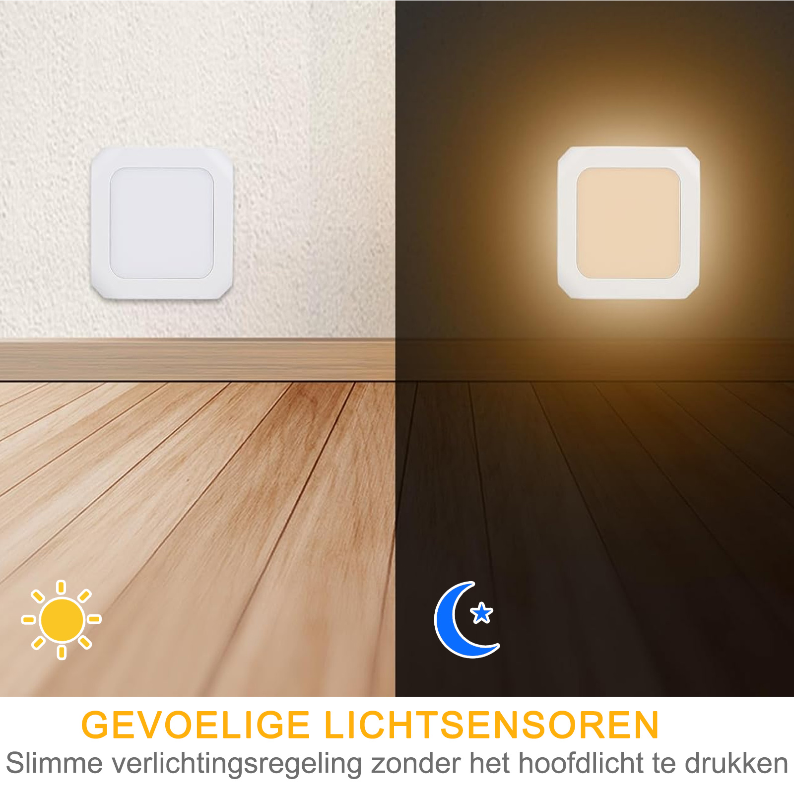 Vier Felder: Licht an Wand, beleuchtete Leuchte, Holzboden Tag, Holzboden Nacht mit Mond.