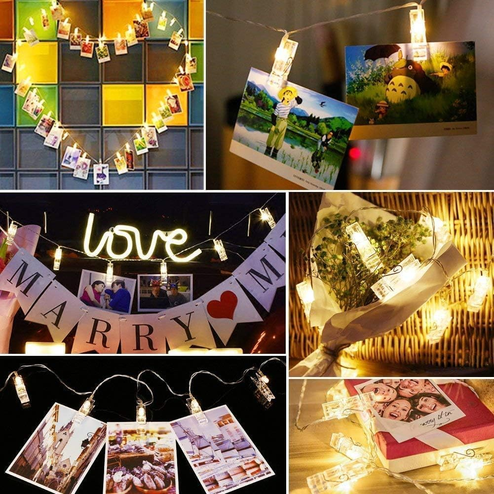 Collage aus sechs Bildern mit Lichterketten, die Fotos, Blumen und Dekorationen halten.
